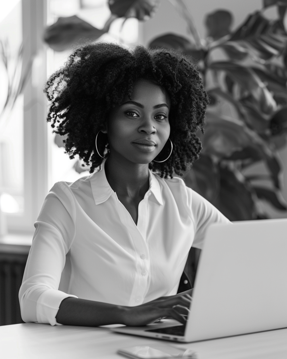 Black and white image of a confident African American woman entrepreneur working at a laptop in a minimalist home office, symbolizing female empowerment and digital business success. www.elevatehervault.com