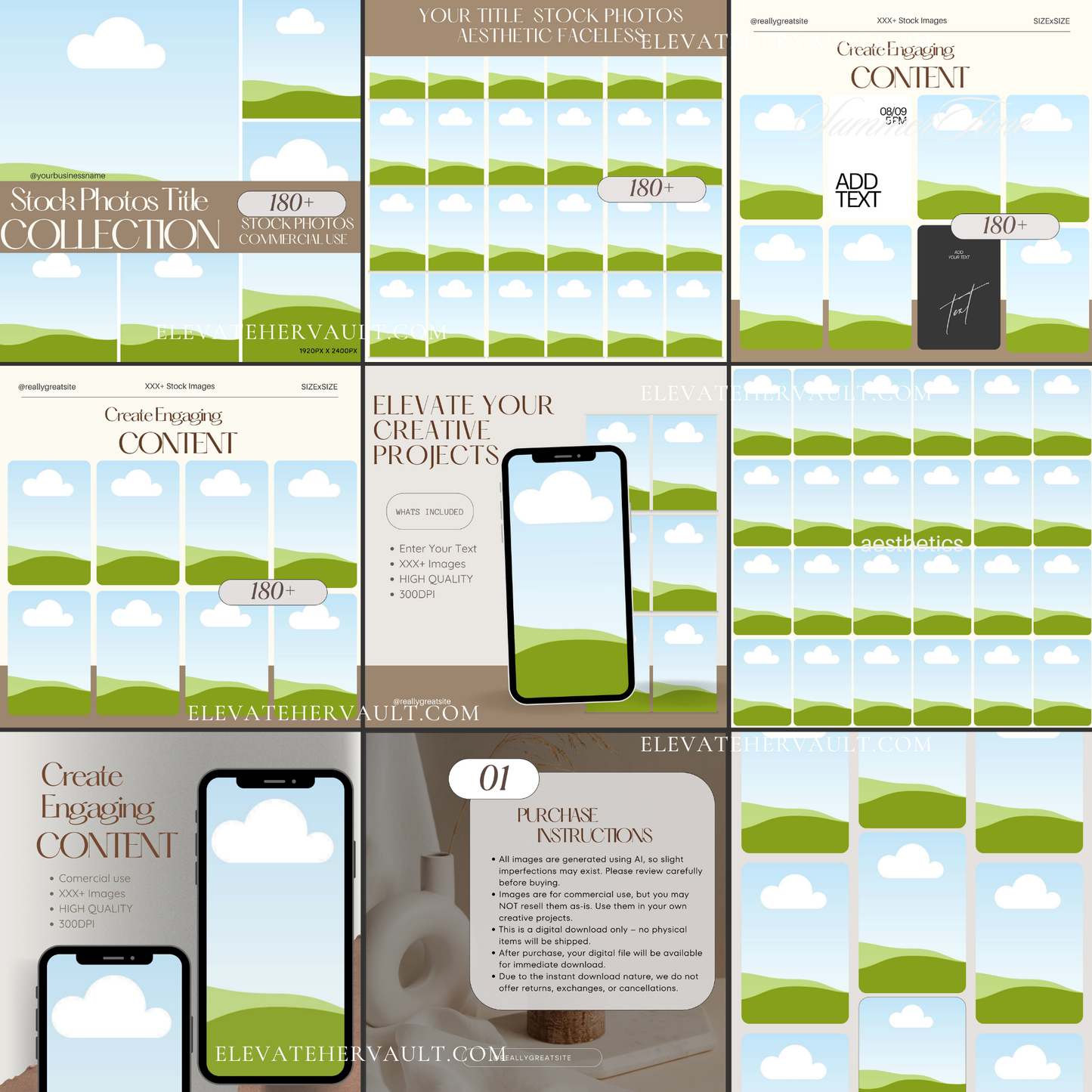 Additional preview of mockup variations for showcasing your own digital stock photo collections. www.elevatehervault.com
