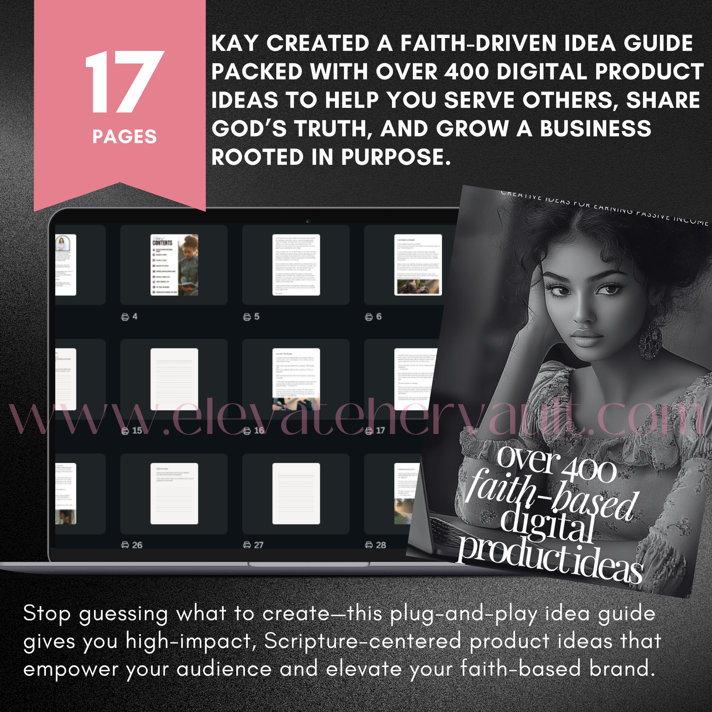 Page featuring 17 digital product categories and a grid preview of the included content ideas – elevatehervault.com