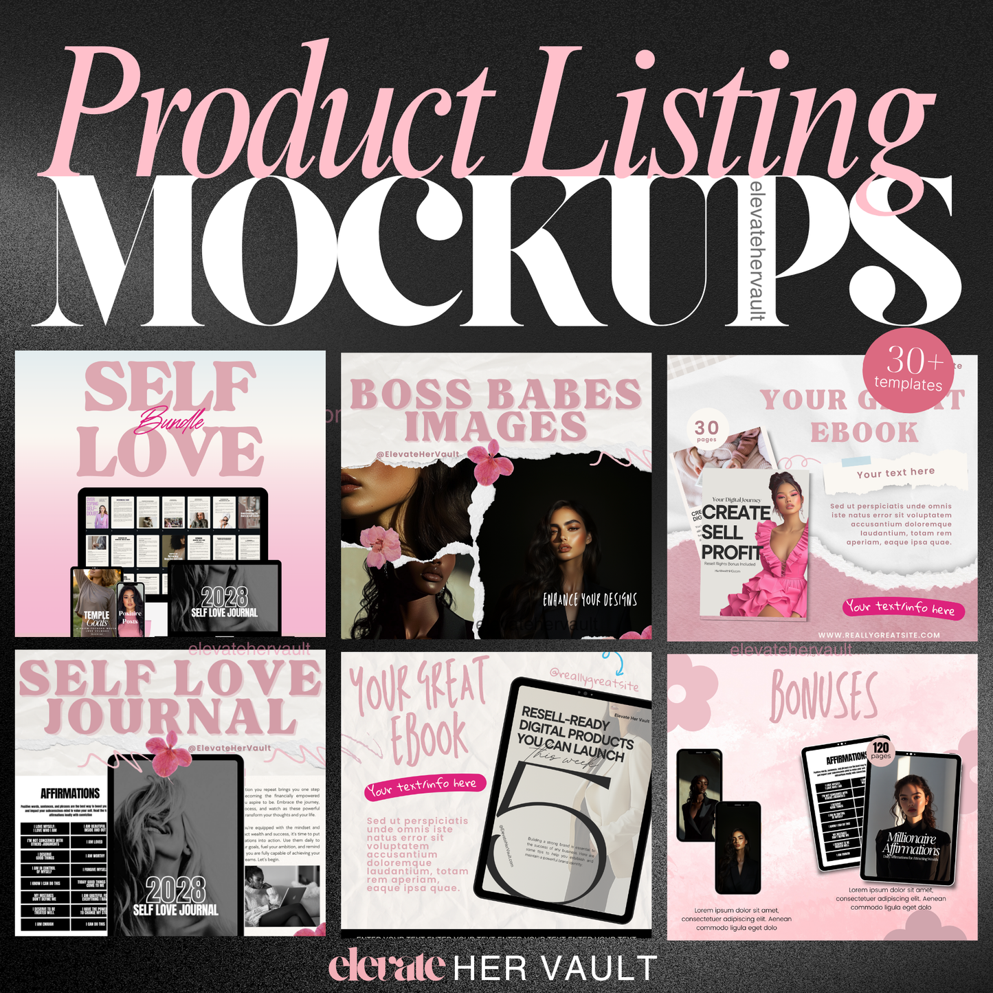Main mockup collage featuring digital product listing templates for ebooks, journals, and social posts – elevatehervault.com