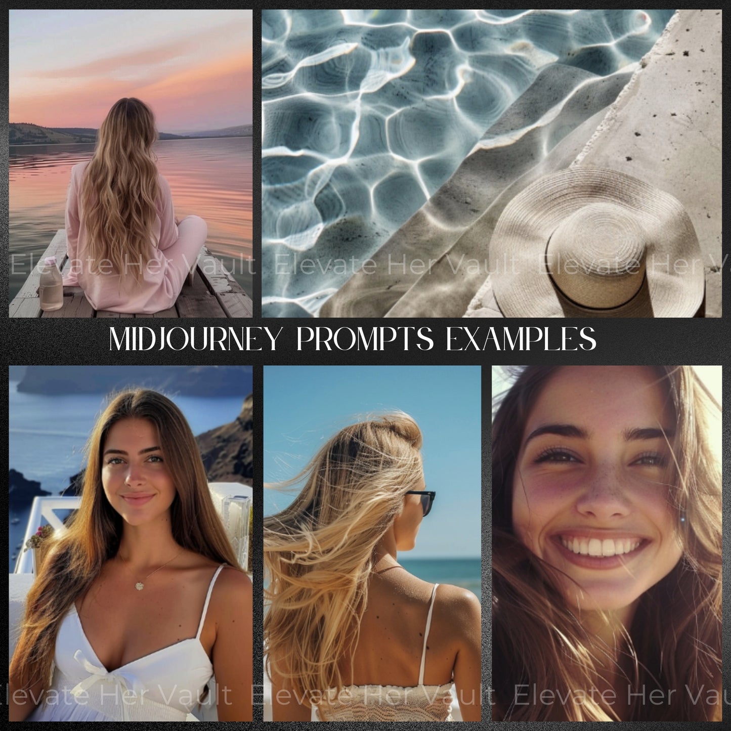 Example visuals from actual AI prompts, stock-style images from sun-kissed prompts, travel-inspired and beachy aesthetic made with AI, MidJourney-generated image showcase for branding, create your own version using our prompts, preview the glow of this image toolkit, warm and bright visuals that sell, lifestyle brand image inspiration, digital content that matches your audience vibe
www.elevatehervault.com