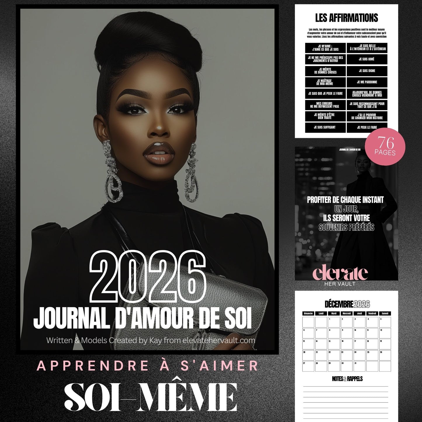 2026 self-love journal with a woman's portrait and calendar on a dark background www.elevatehervault.com