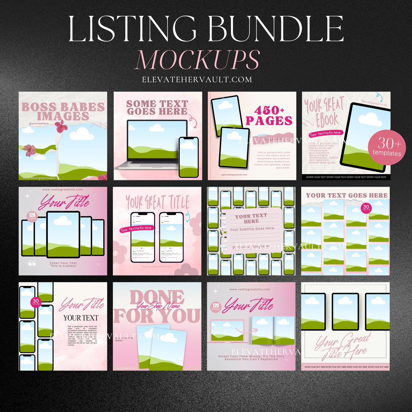 Listing Bundle mockups with pink-themed templates for bold ebook and digital sellers – elevatehervault.com
