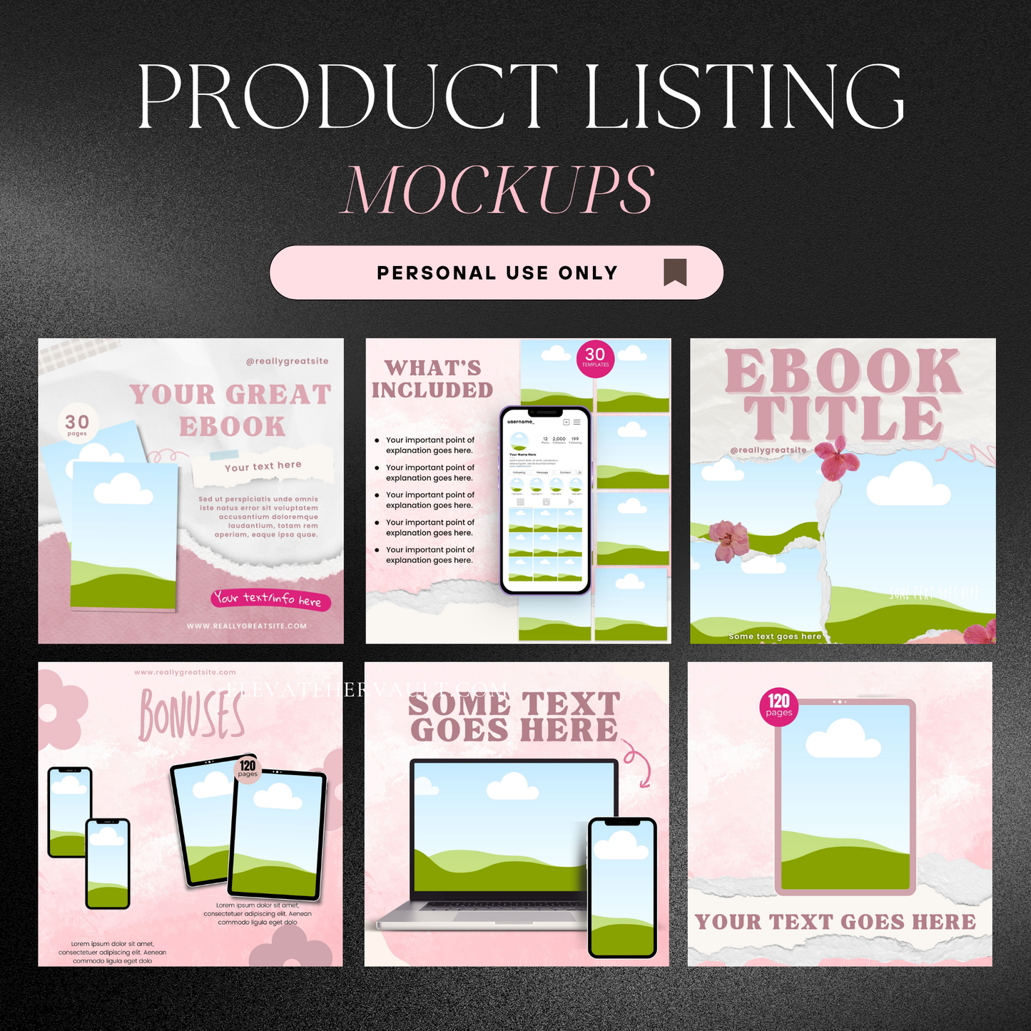 Product listing mockup set showing pink and white layouts for showcasing digital products – elevatehervault.com
