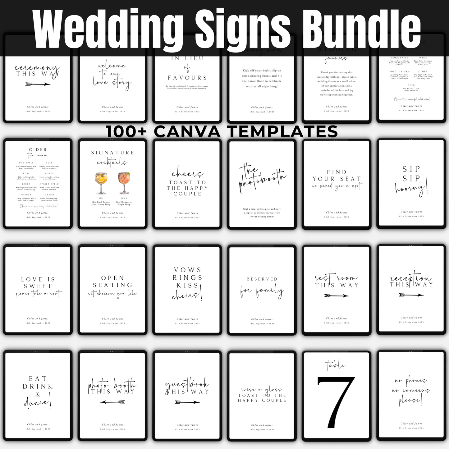 100+ black and white wedding signs Canva templates. www.elevatehervault.com