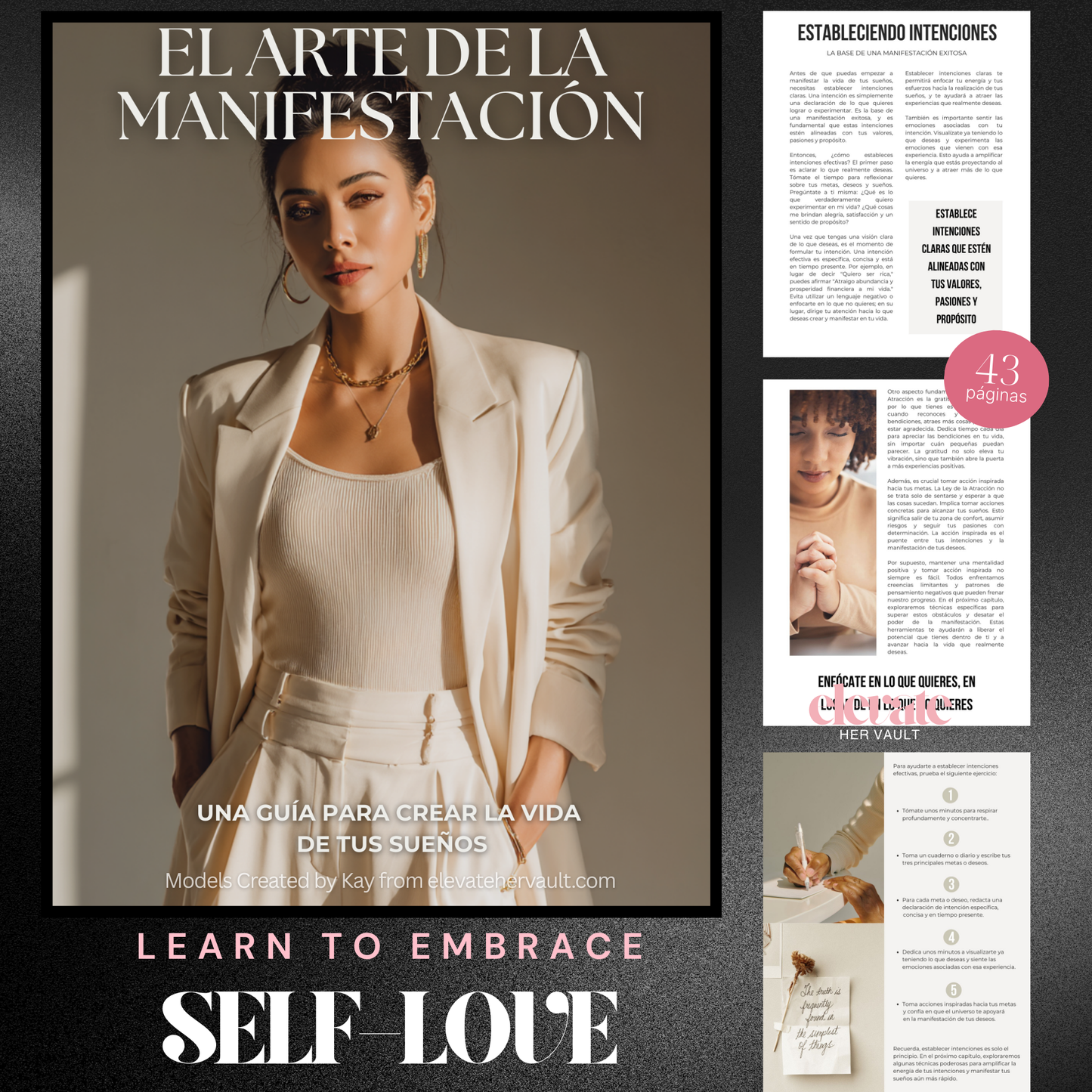 Magazine cover with a woman in a white outfit and text about self-love and manifestation. www.elevatehervault.com