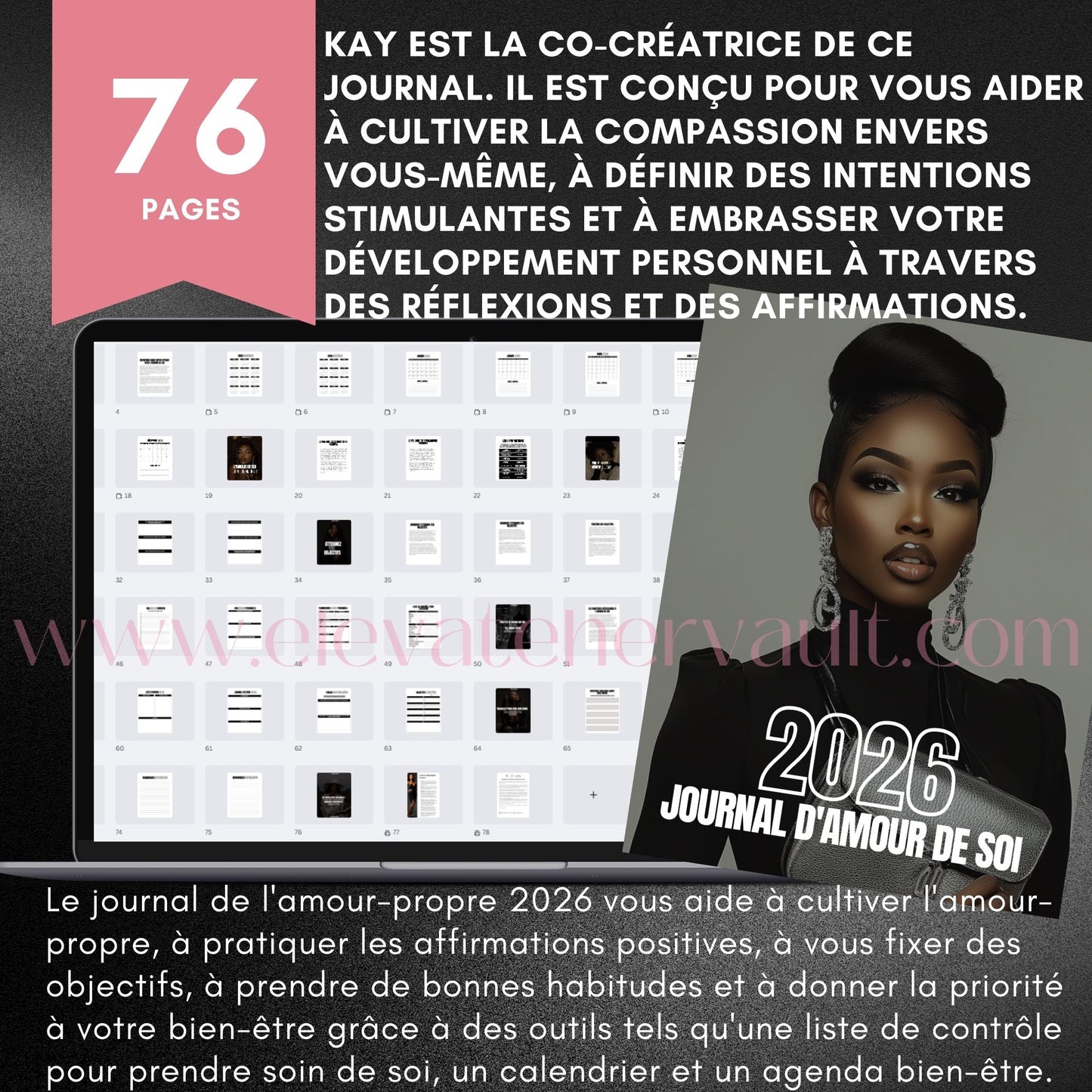 Promotional graphic for a 2026 journal d'amour de soi with text and a laptop displaying pages. www.elevatehervault.com
