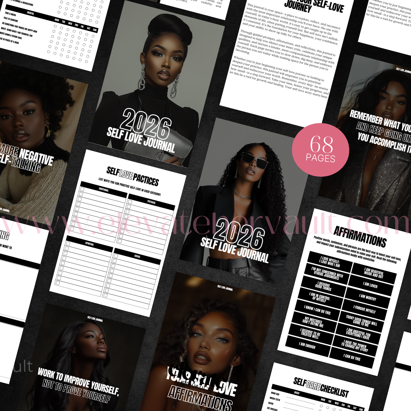 Collage of pages from a '2026 Self Love Journal' with a woman's face and text.