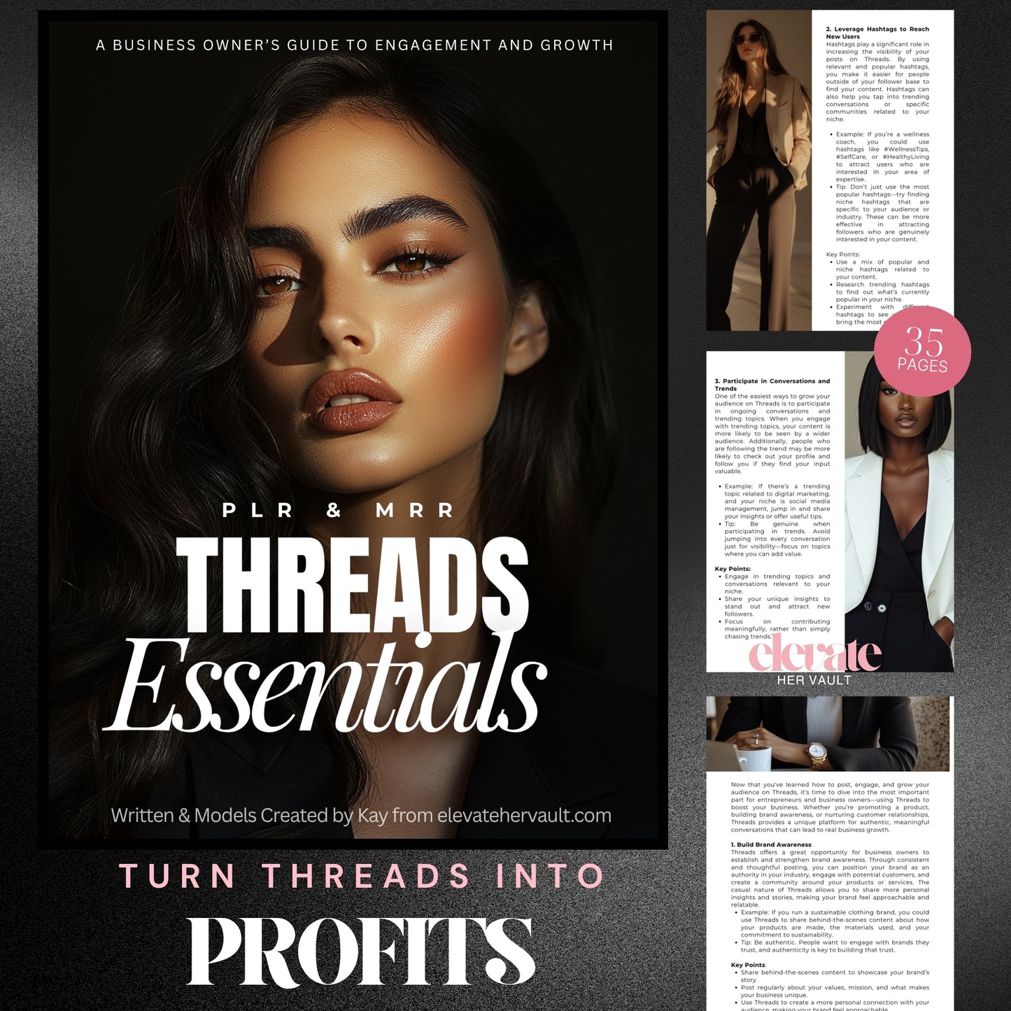 Threads Essentials digital product cover featuring a confident woman, with preview pages showcasing strategies for monetizing faceless content through Threads. www.elevatehervault.com