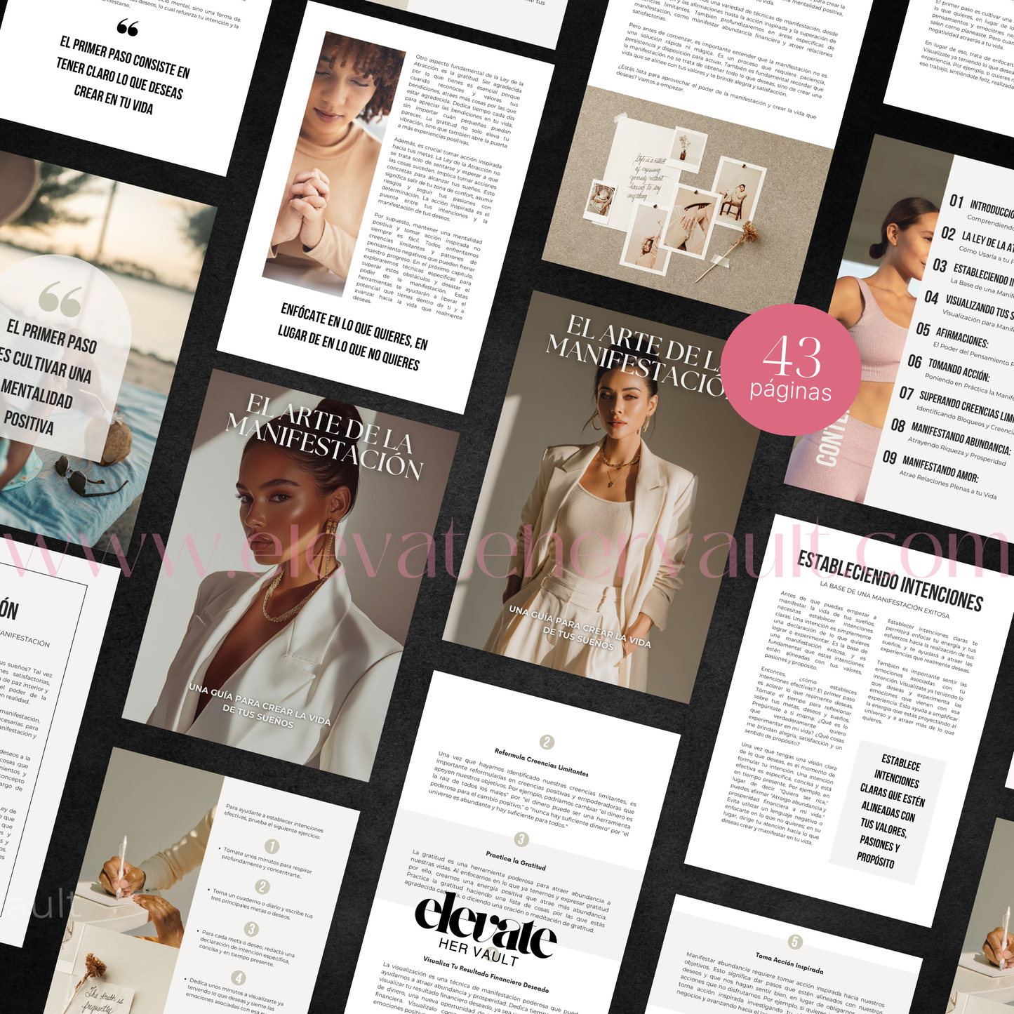 Collage of magazine pages with text and images, featuring a brand logo. www.elevatehervault.com