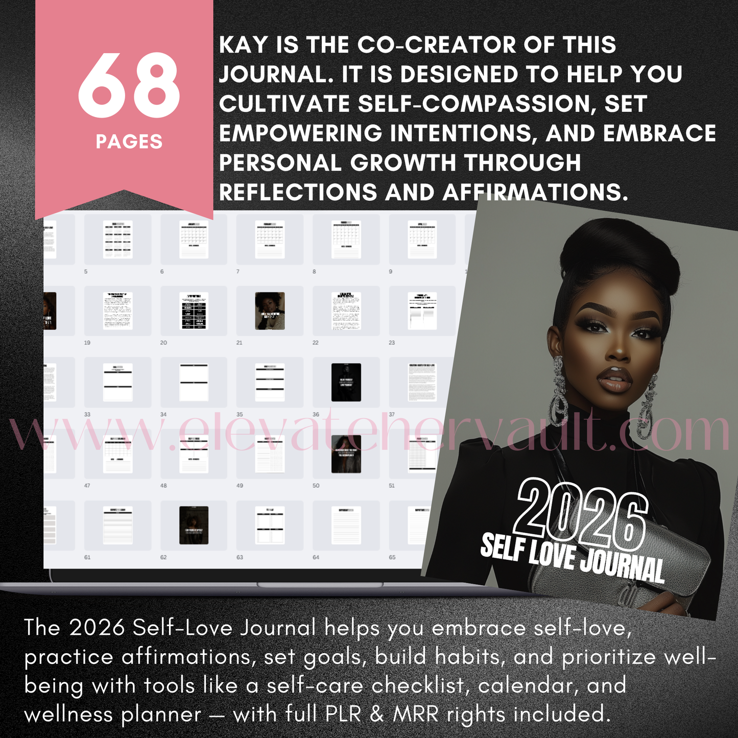 2026 Self-Love Journal with a woman holding it, featuring text about self-compassion and personal growth.