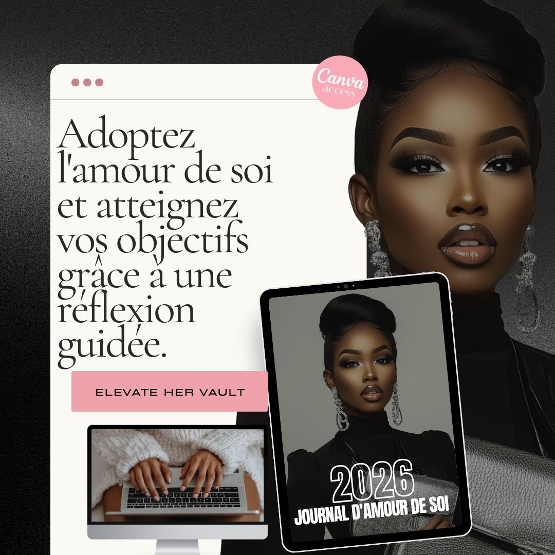 Woman with jewelry, tablet displaying '2026 Journal d'Amour de Soi', and text on a dark background www.elevatehervault.com