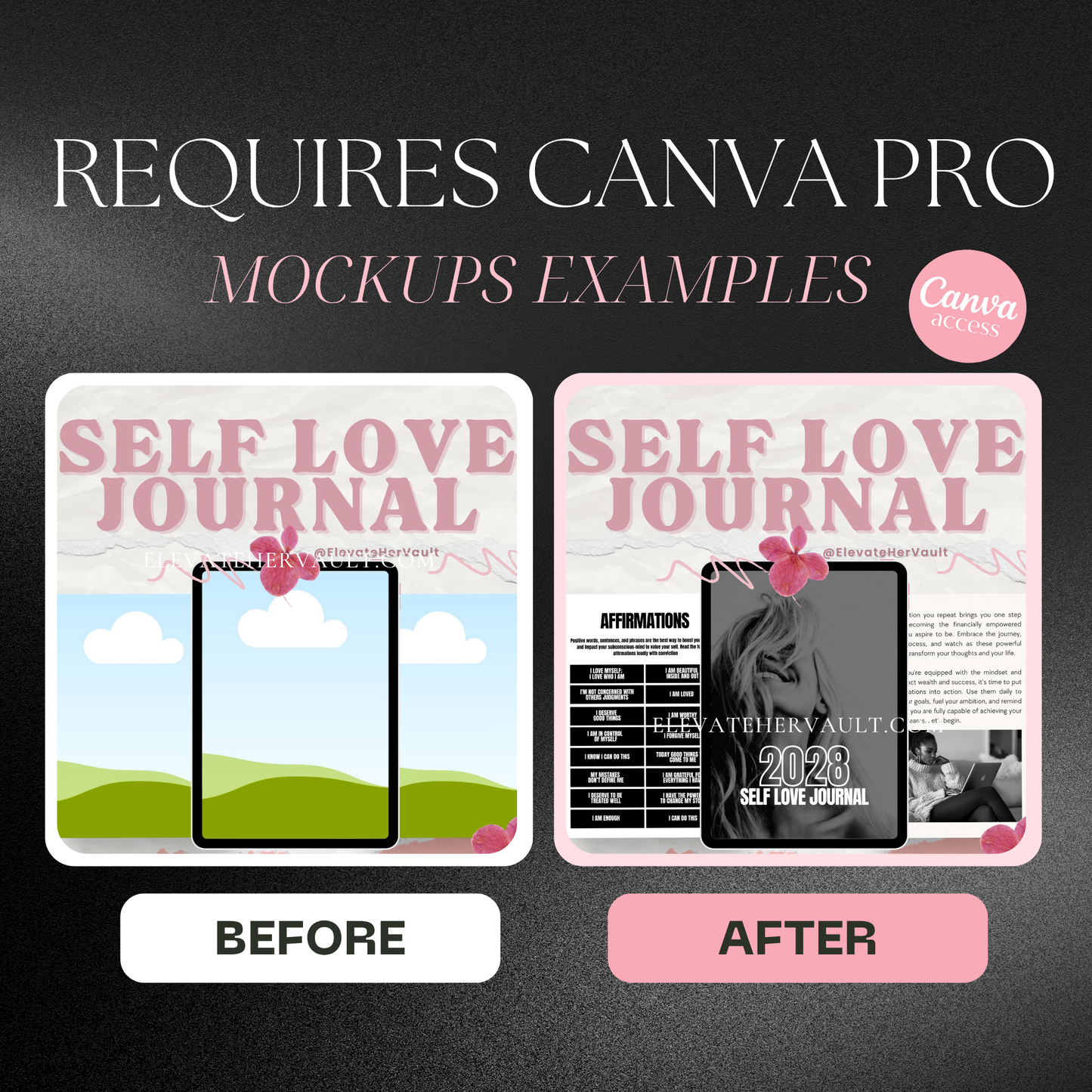 Canva Pro required mockup comparison showing before and after usage – elevatehervault.com