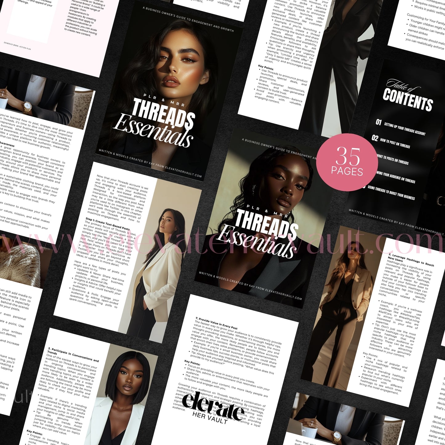 Flatlay of Threads Essentials guide showing multiple page previews and faceless business branding strategies. Designed for PLR and MRR resale. www.elevatehervault.com