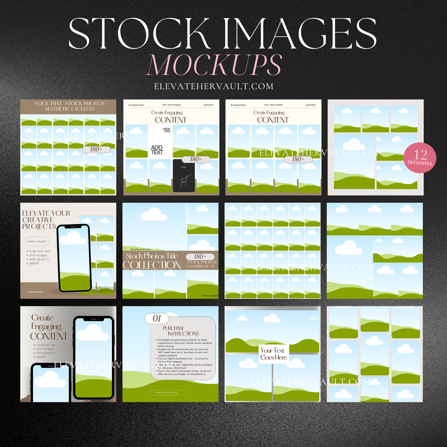 Grid layout preview of stock image mockups for Canva, featuring placeholders for horizontal and vertical photos. www.elevatehervault.com