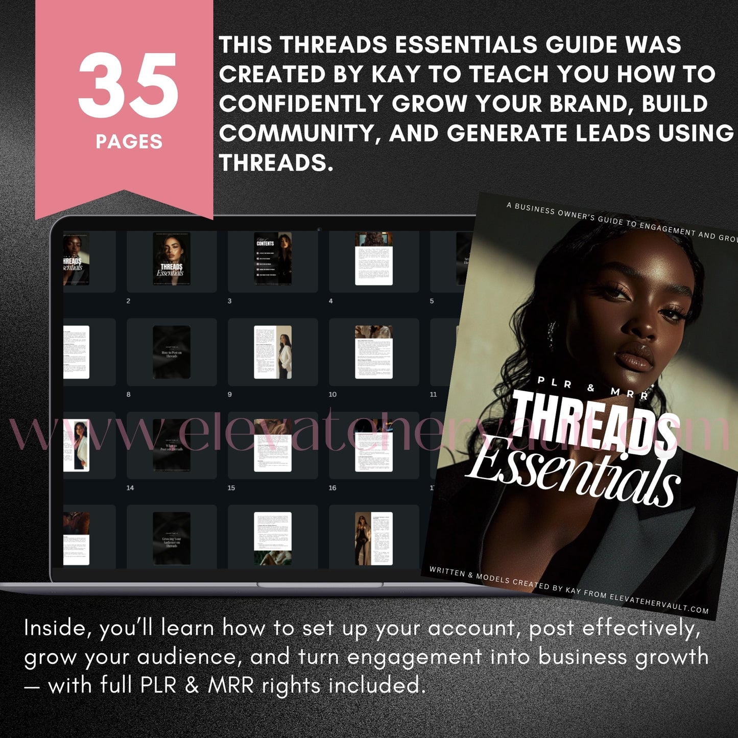 35-page Threads Essentials guide mockup with bold strategy messaging, teaching entrepreneurs how to use Threads for brand growth. www.elevatehervault.com