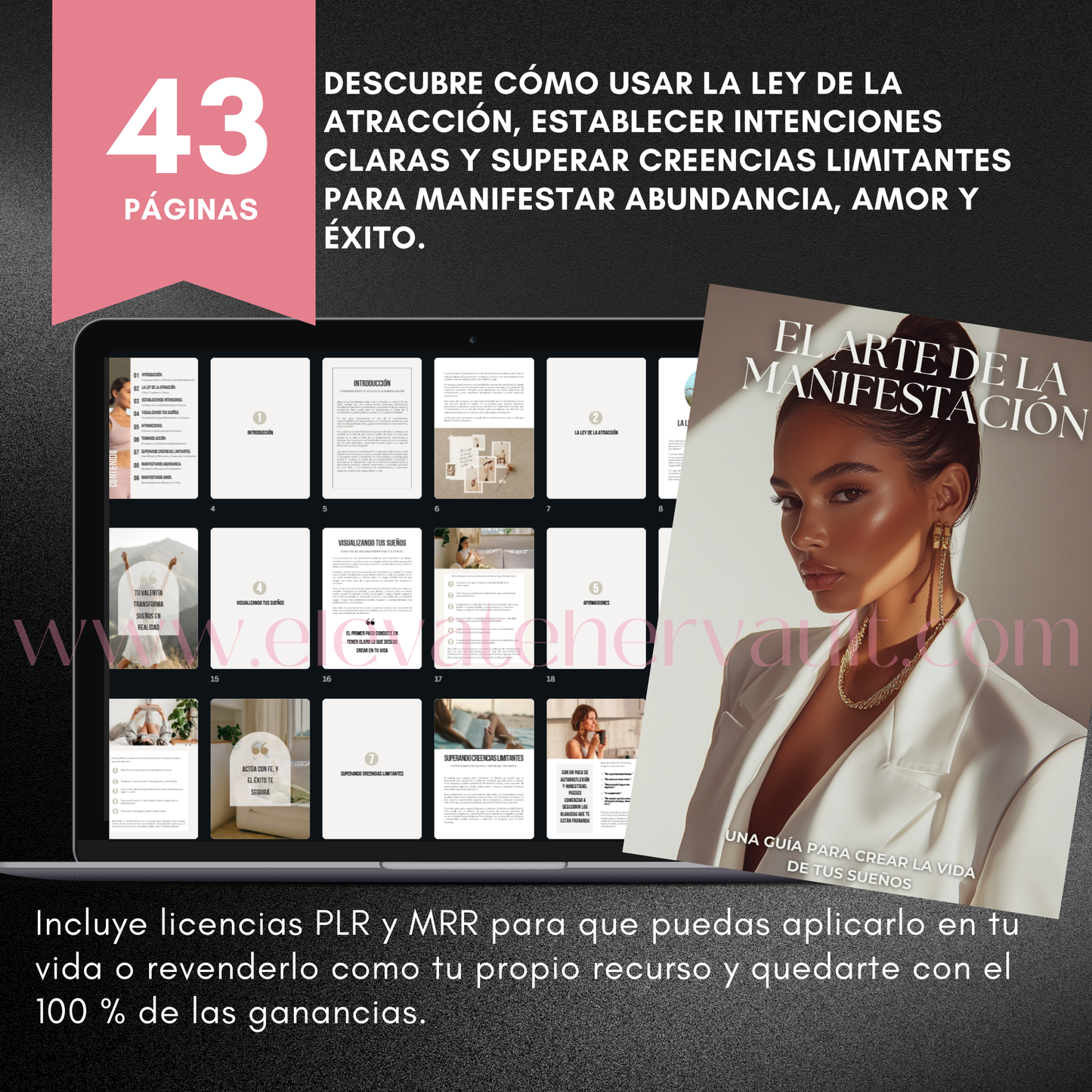 Book cover of 'El Arte de la Manifestación' with a woman's face on the cover, displayed on a digital device. www.elevatehervault.com