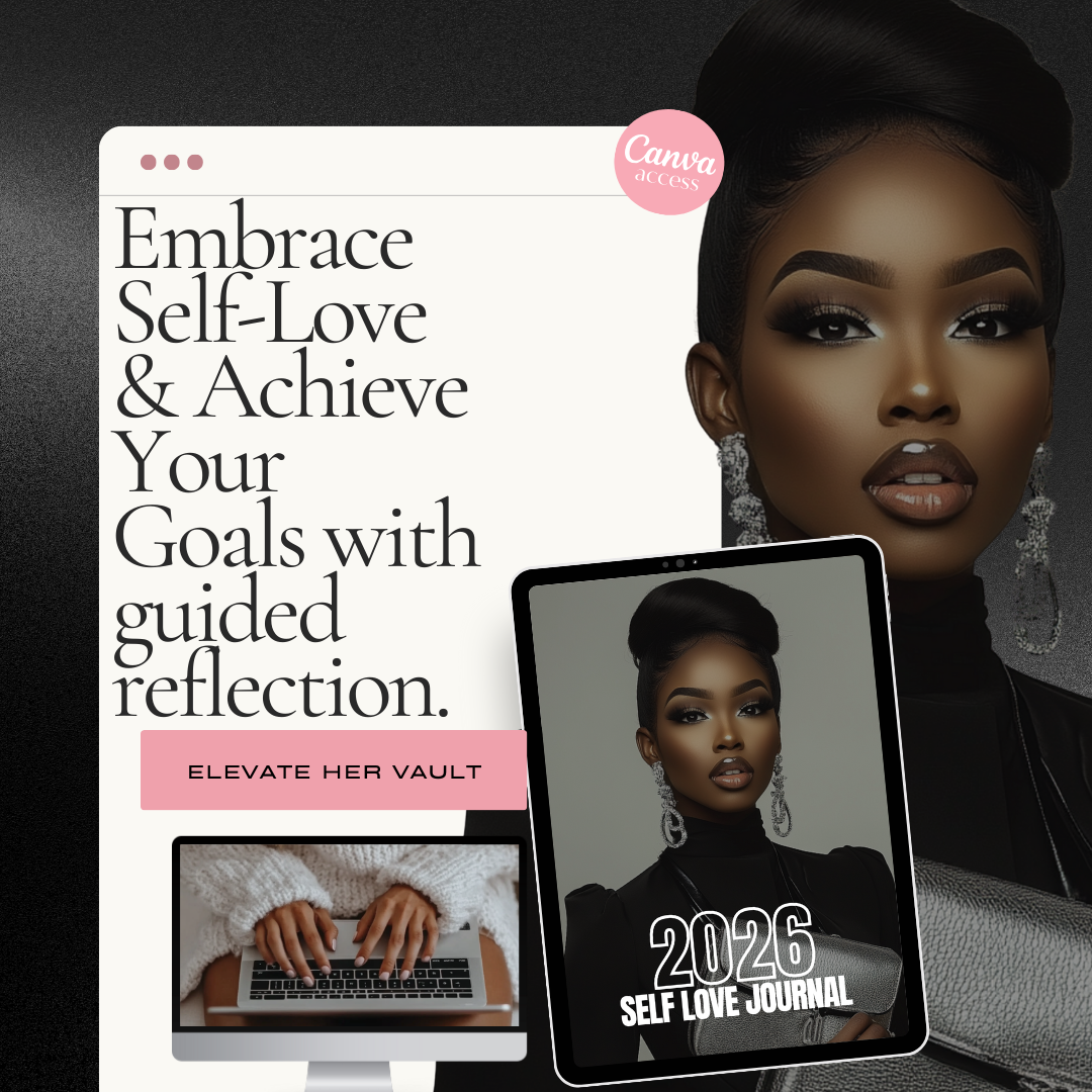 Promotional graphic for a self-love journal with text and images of a woman.
