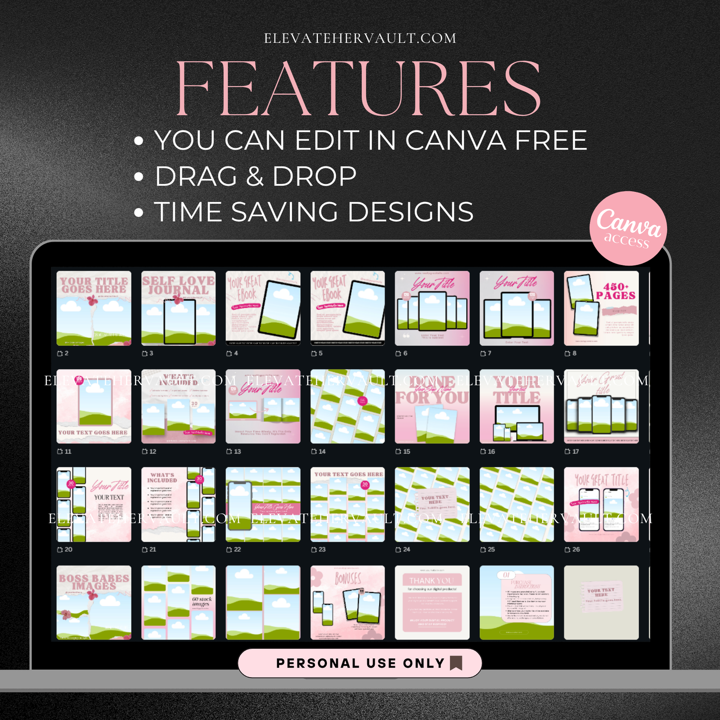 Features mockup image highlighting editable Canva, drag & drop, and time-saving benefits – elevatehervault.com