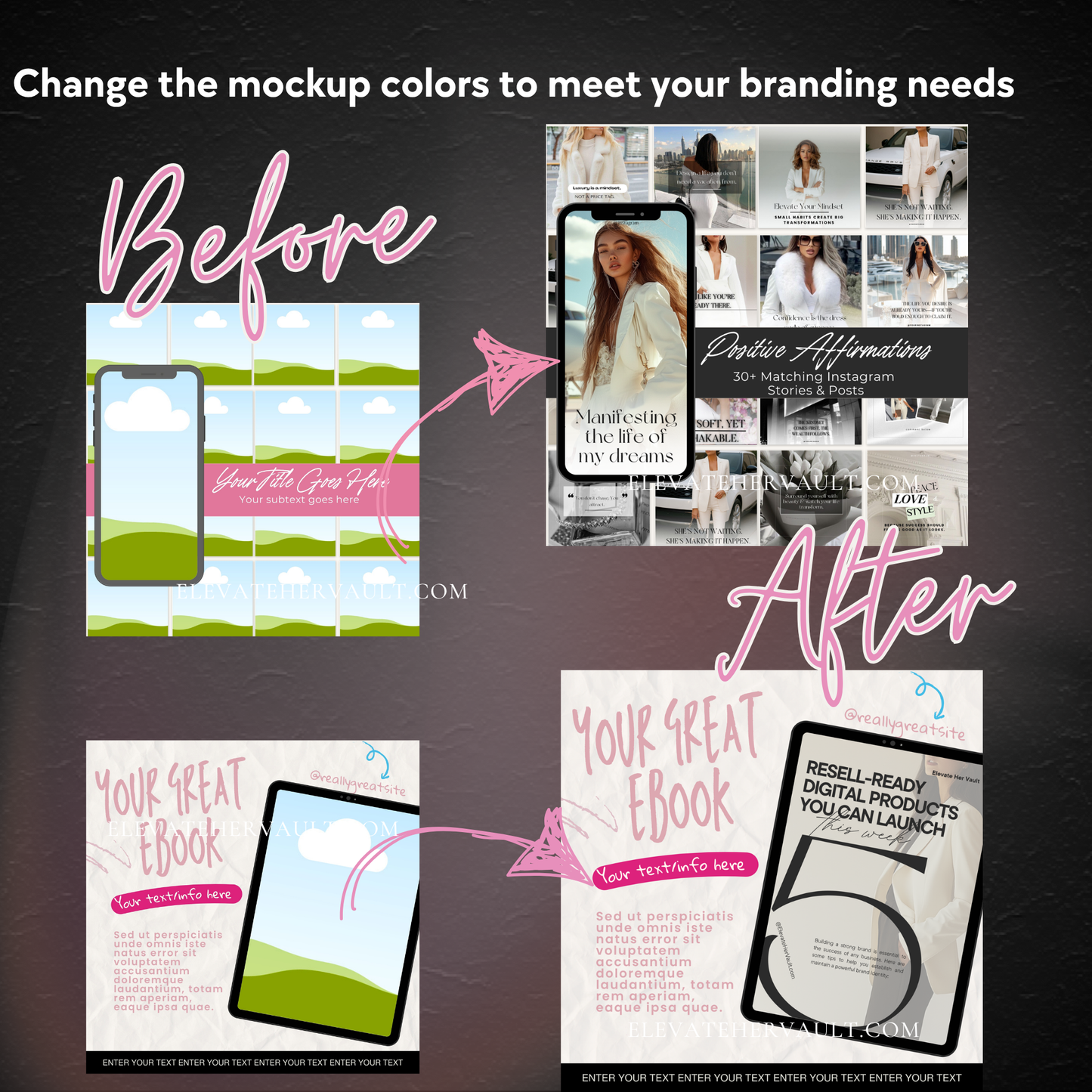 Before and after mockup preview showing transformation from template to finished digital product – elevatehervault.com
