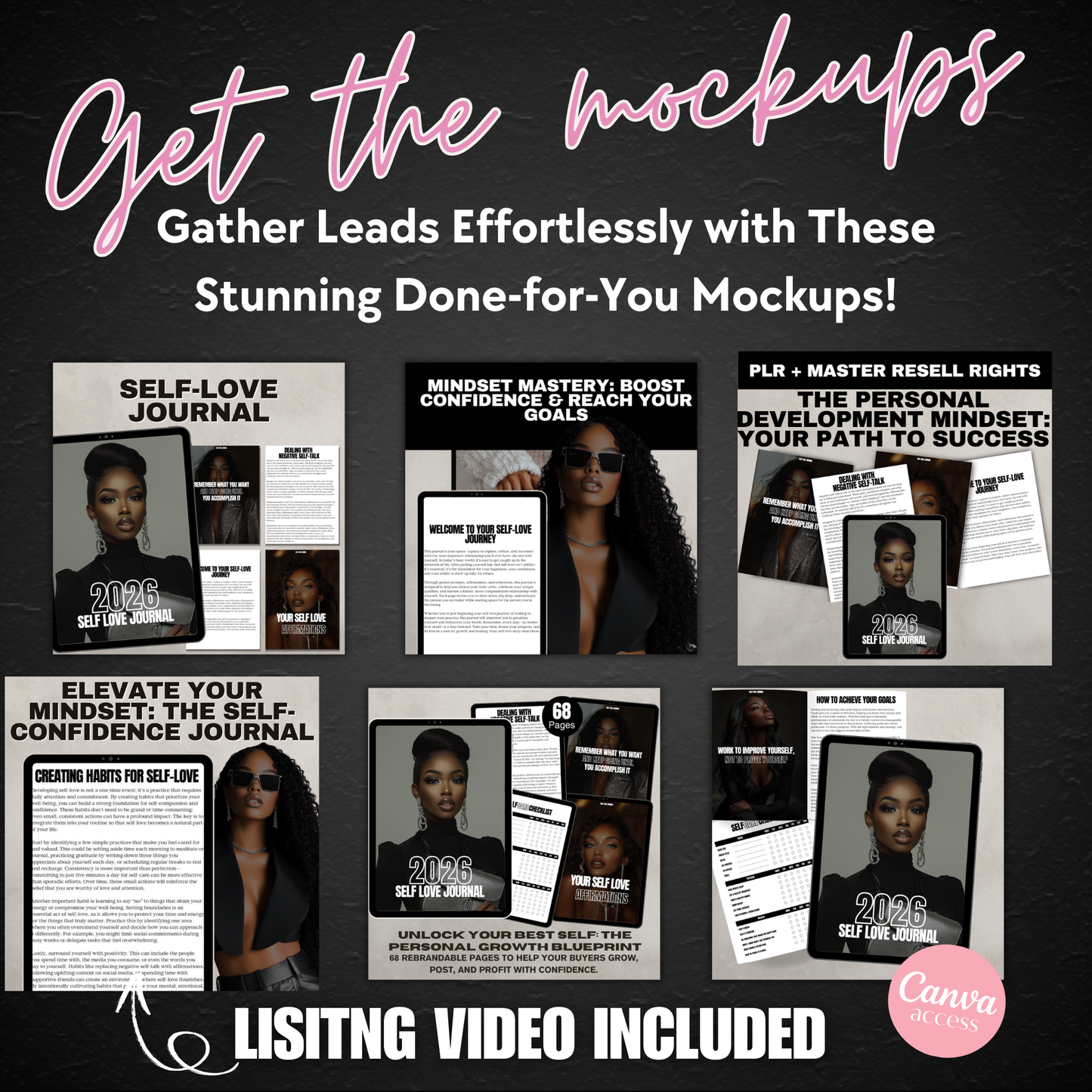 Promotional graphic for self-help product mockups with text on a dark background