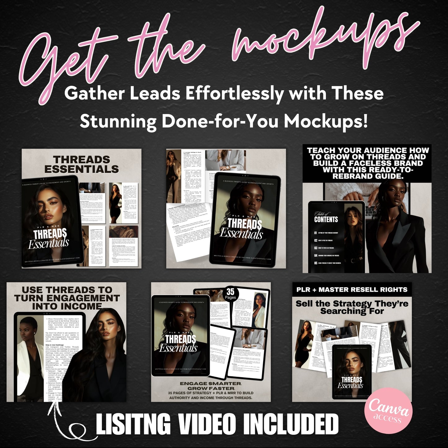 Threads Essentials mockup bundle featuring 6 editable designs with listing video included. Perfect for PLR resellers and faceless marketers. www.elevatehervault.com