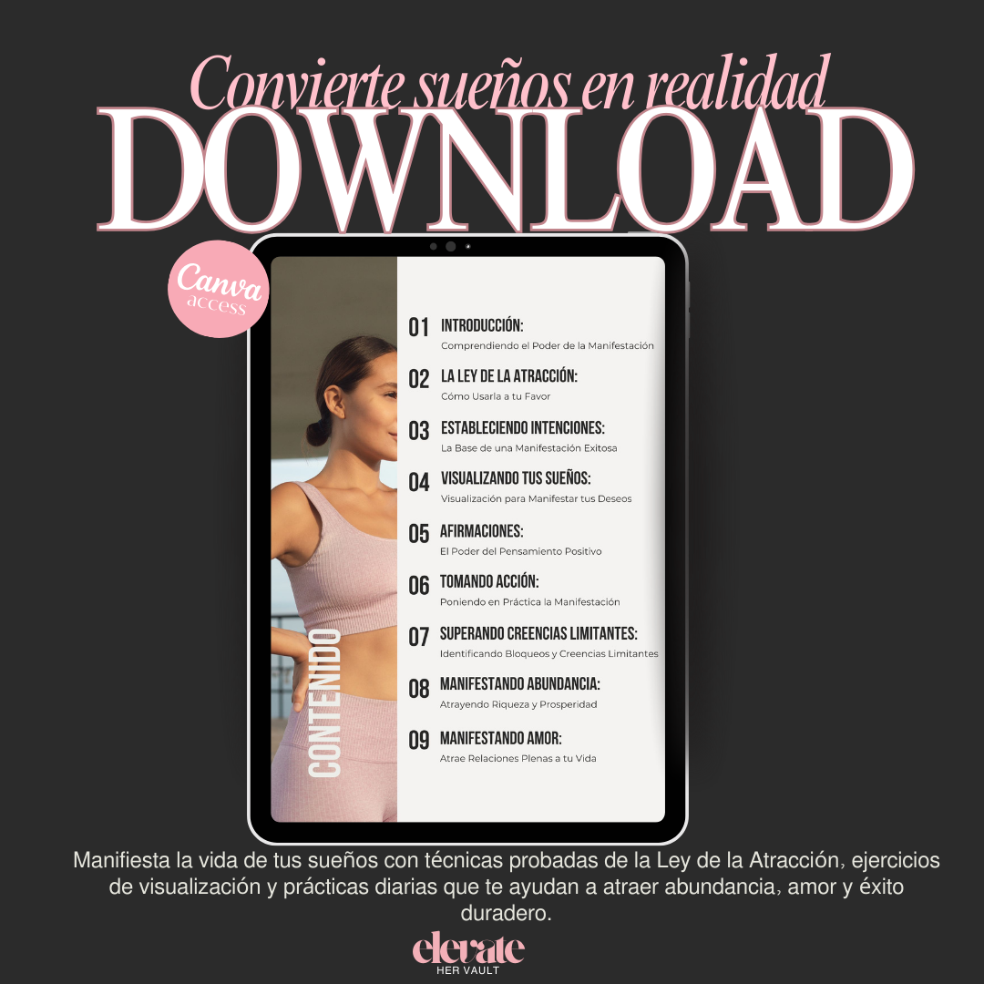 Digital product with a tablet displaying a list of topics and a woman in a pink top on a black background. www.elevatehervault.com