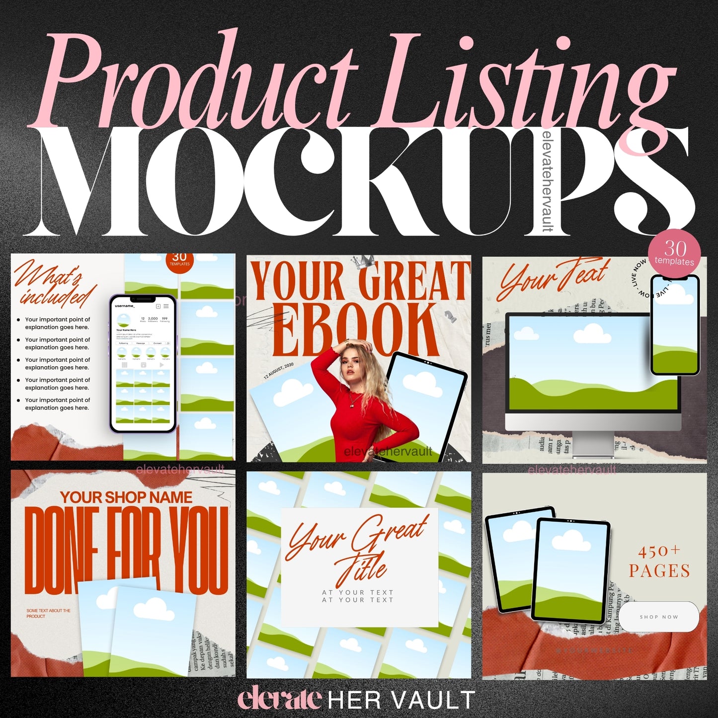 Product Listing Mockups cover image with bold layouts for digital products, eBooks, and course bundles — Canva Pro required. elevatehervault.com