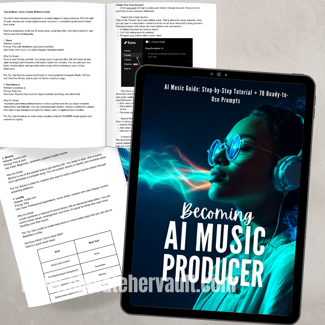 Tablet displaying 'Becoming AI Music Producer' guide with printed documents on a gray surface