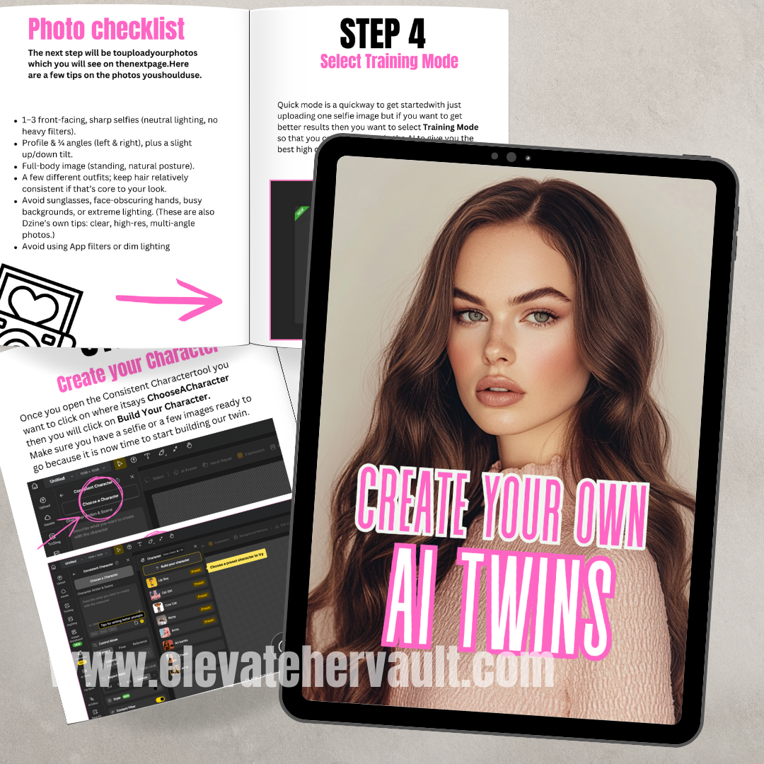 Tablet displaying a software interface for creating AI twins with text and graphics on a magazine page.