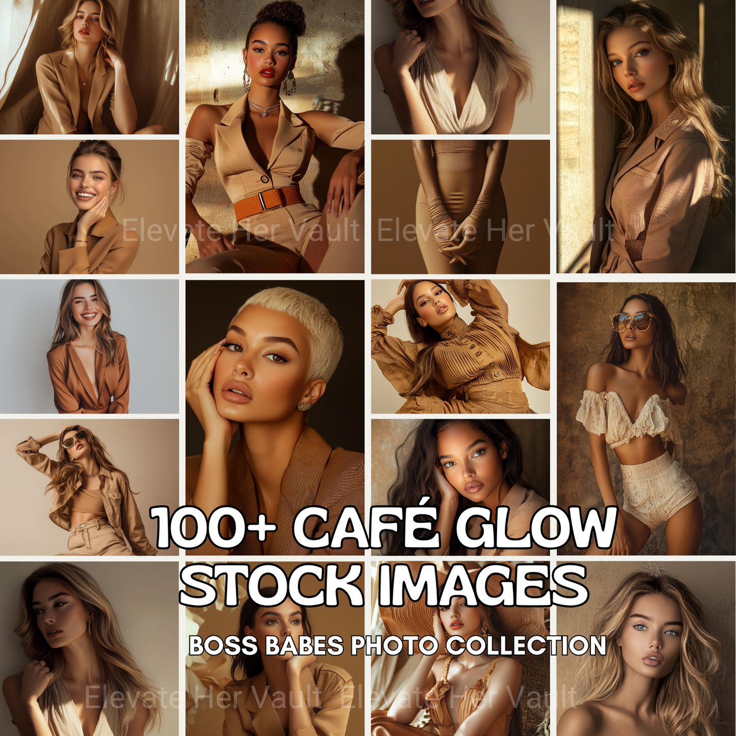 Main promotional image showcasing multiple AI-generated women in tan and coffee-toned outfits from the Café Glow Boss Babes stock bundle. www.elevatehervault.com