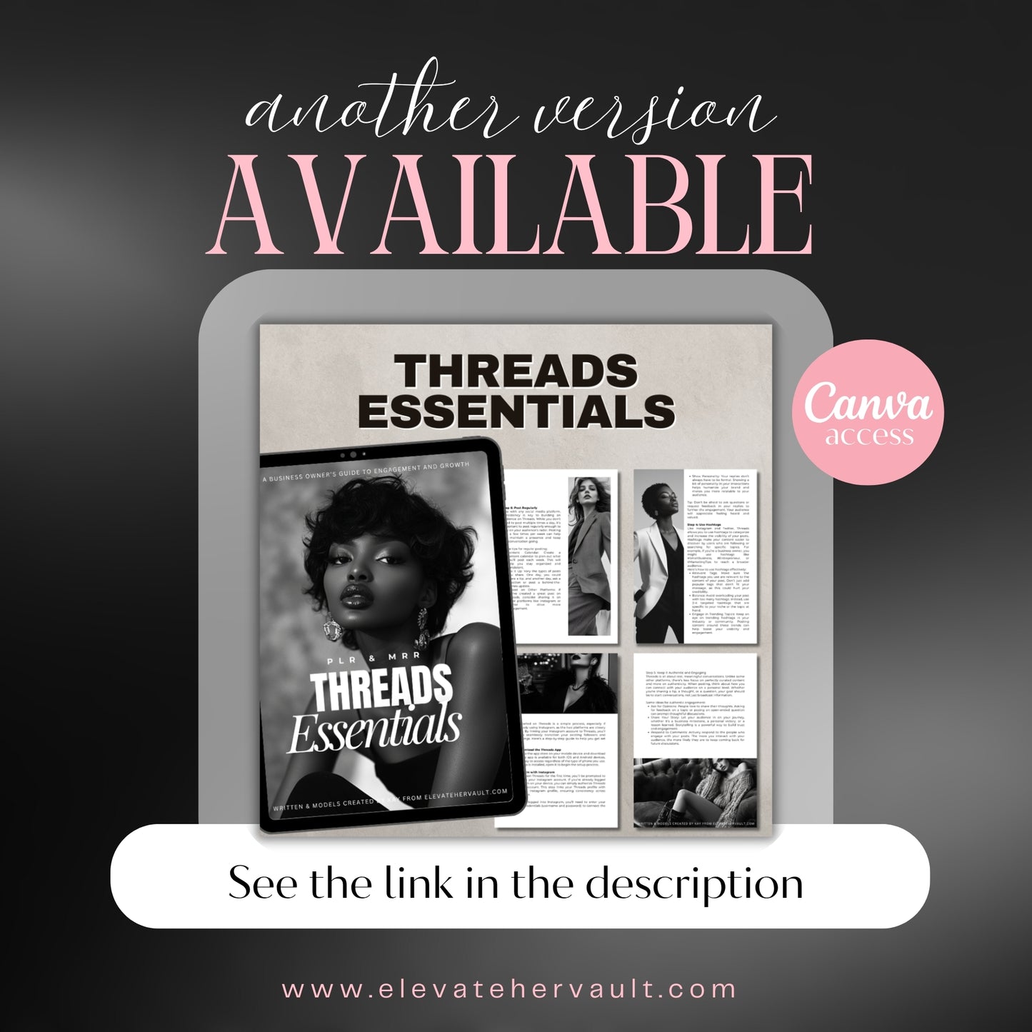 35-page Threads Essentials guide mockup with bold strategy messaging, teaching entrepreneurs how to use Threads for brand growth. www.elevatehervault.com