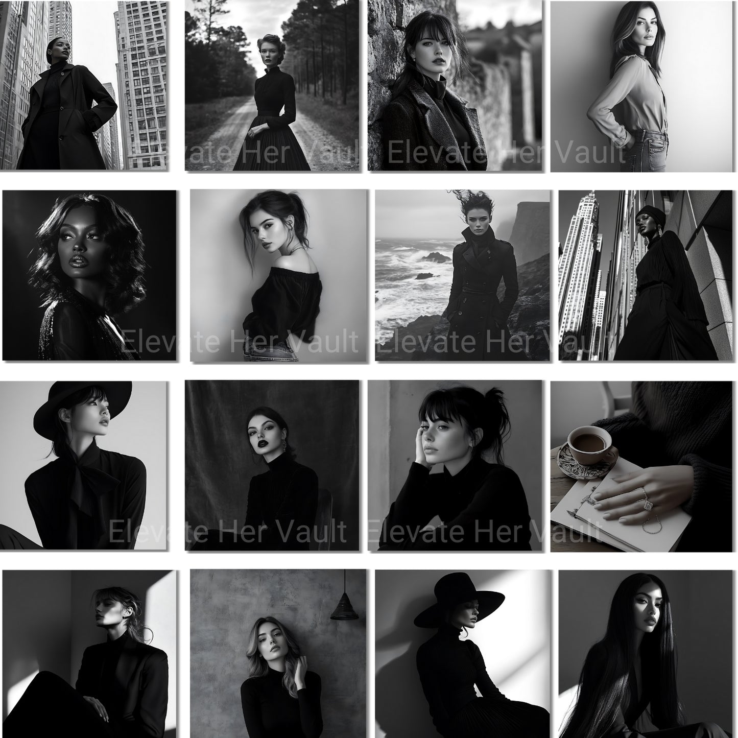 Collage of black and white portraits of a woman in various settings.