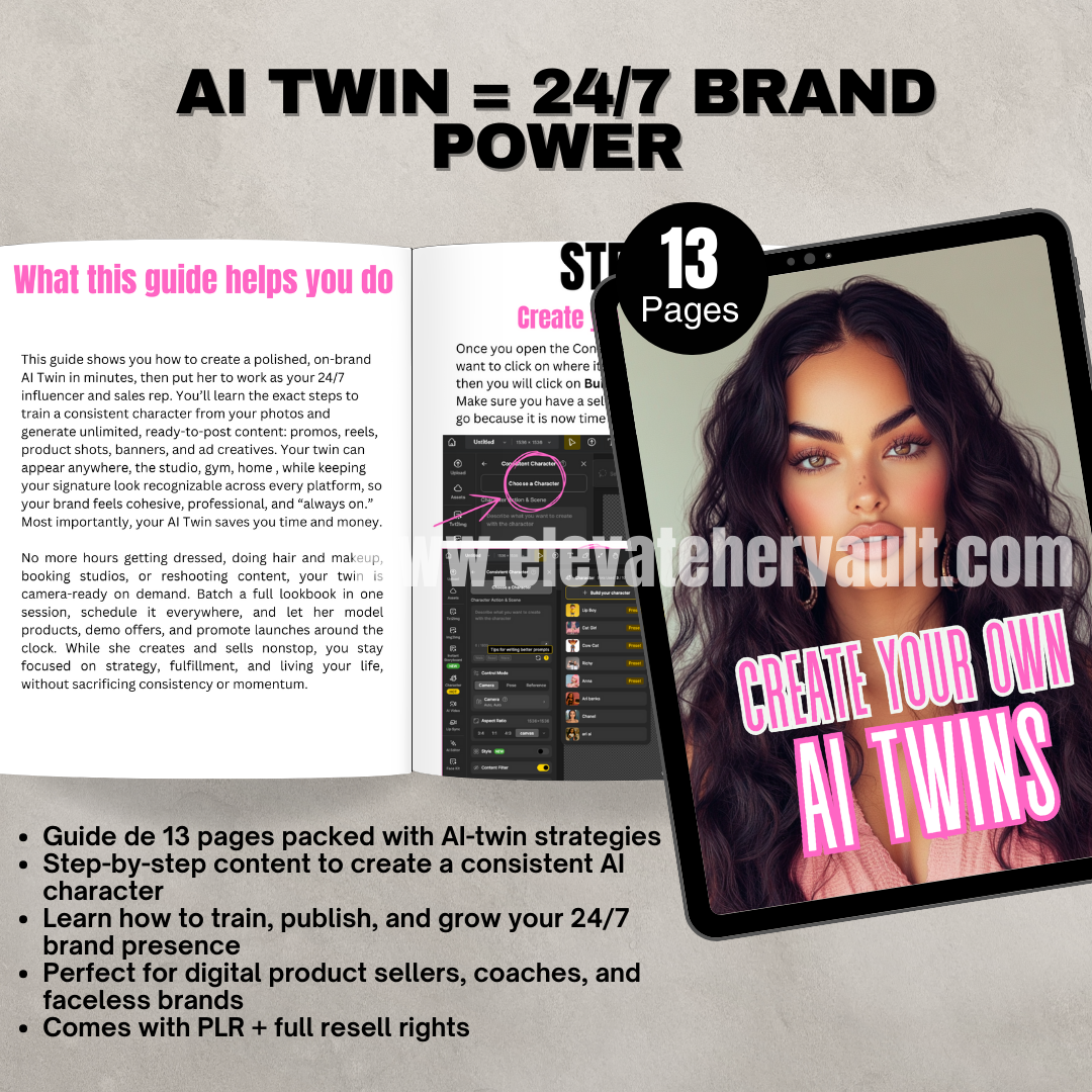 Promotional graphic for a guide on creating AI twins with text and images of a tablet and magazine.