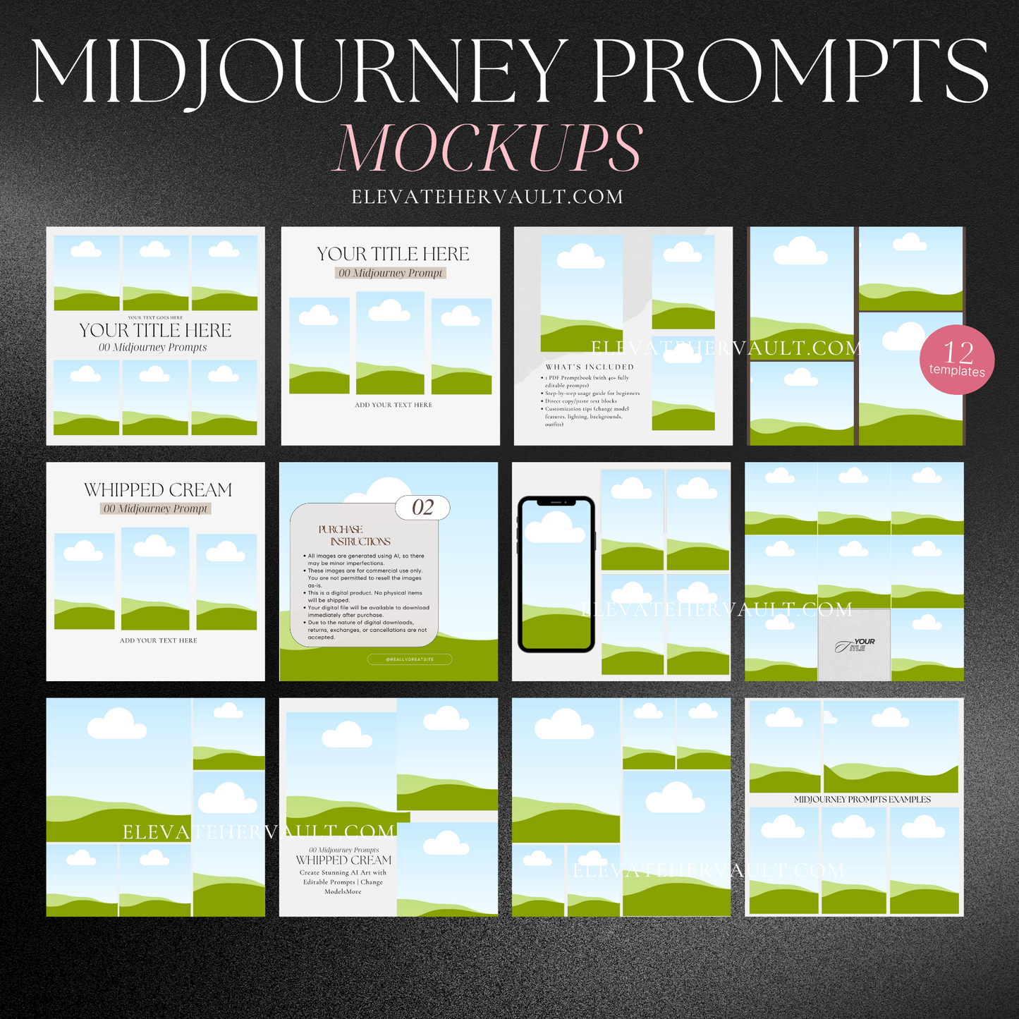 Full preview of 12 editable Midjourney mockup templates shown in Canva – www.elevatehervault.com