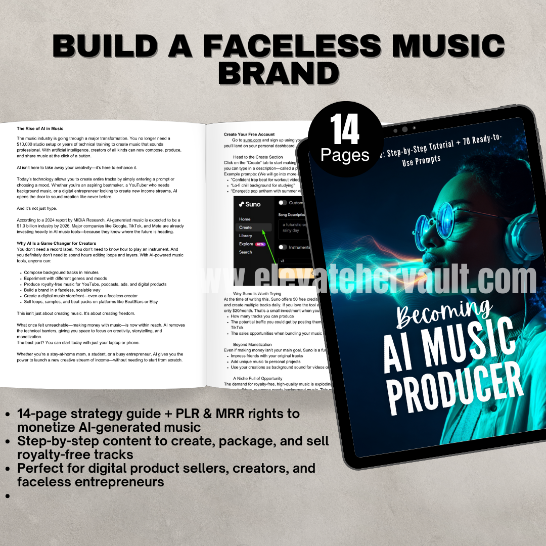 Ebook titled 'Becoming AI Music Producer' with a woman's face on the cover, displayed on a tablet.