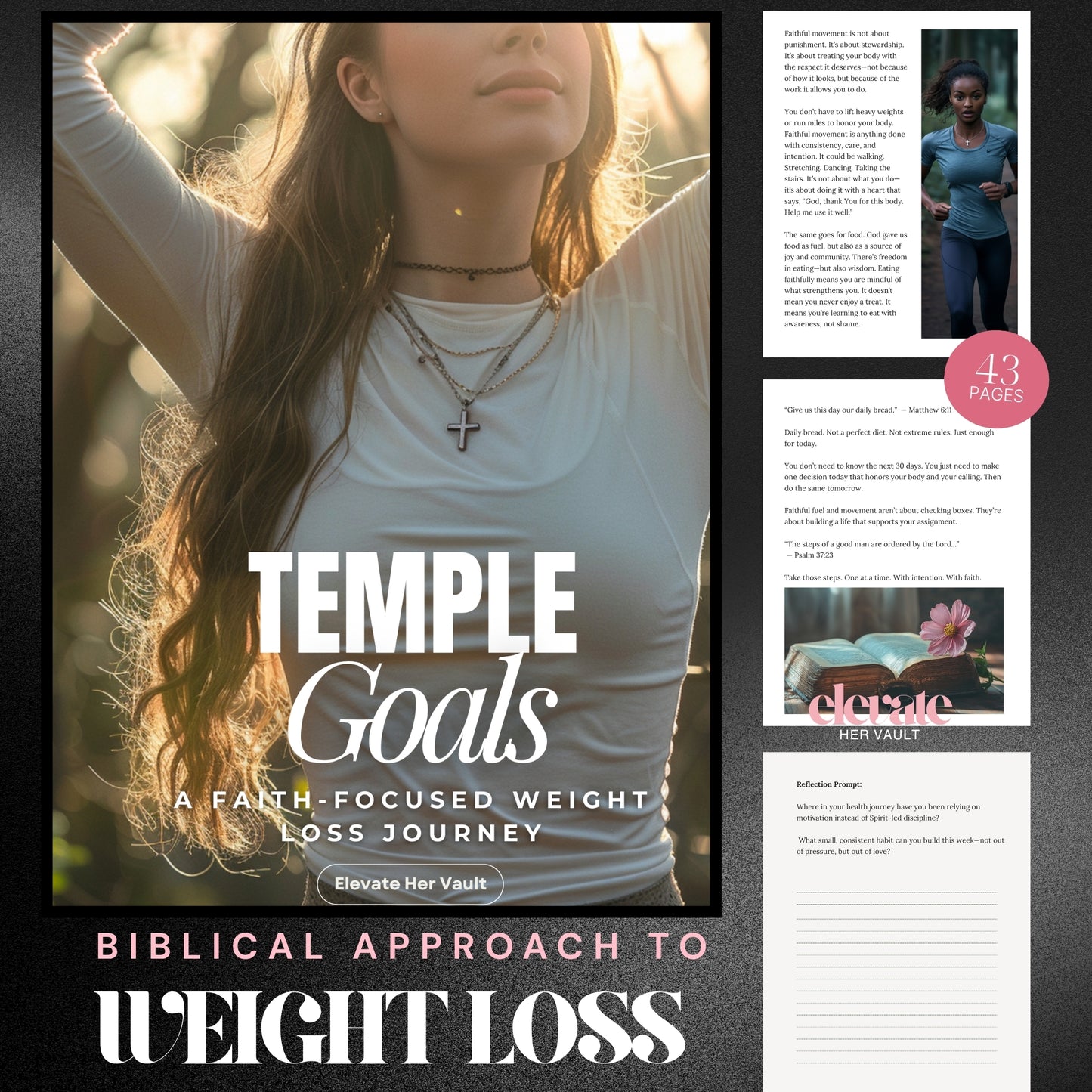 Temple Goals devotional eBook mockup with tablet display. Scripture-based wellness tool for resell. www.elevatehervault.com