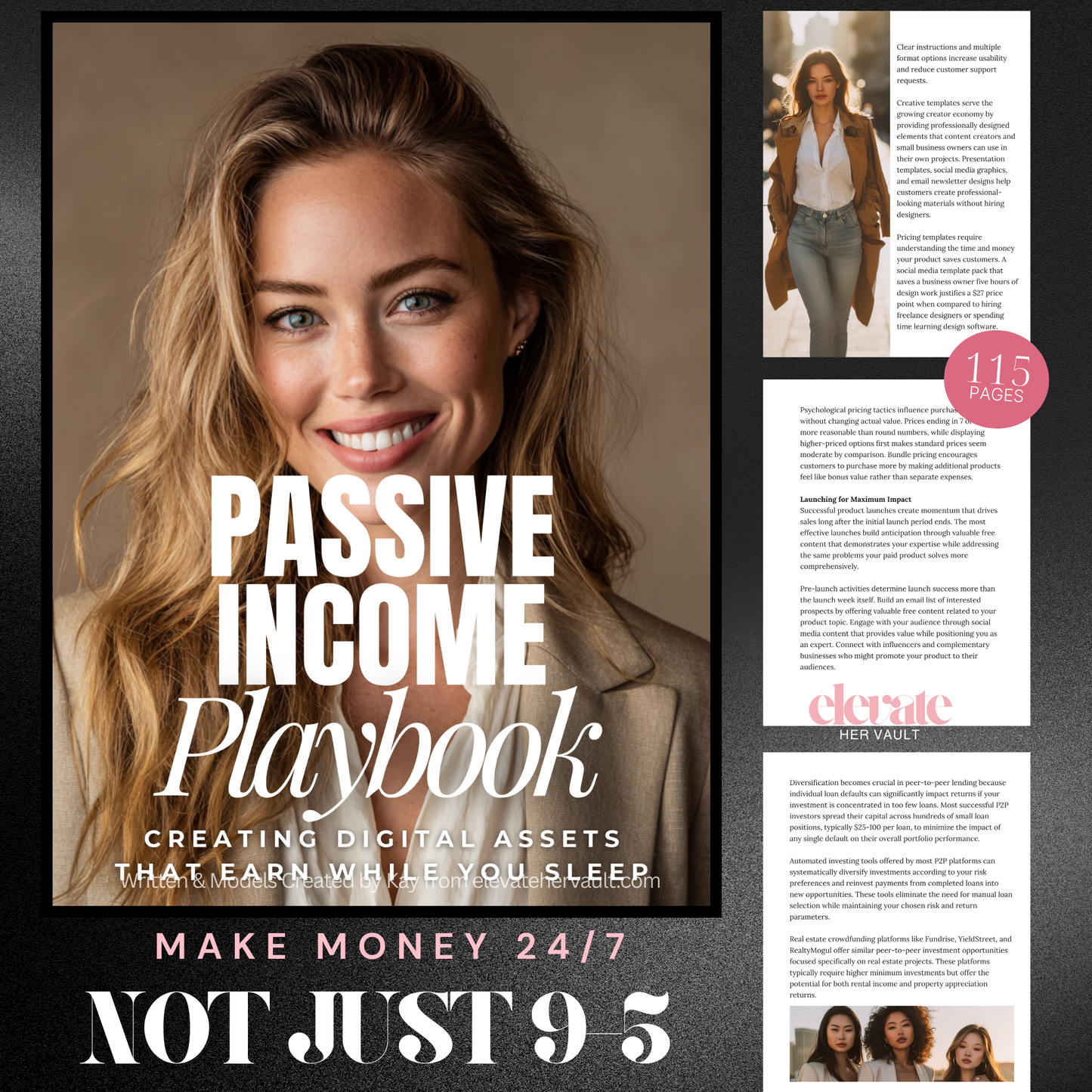Promotional graphic for 'Passive Income Playbook' with a woman's face and text about creating digital assets. www.elevatehervault.com