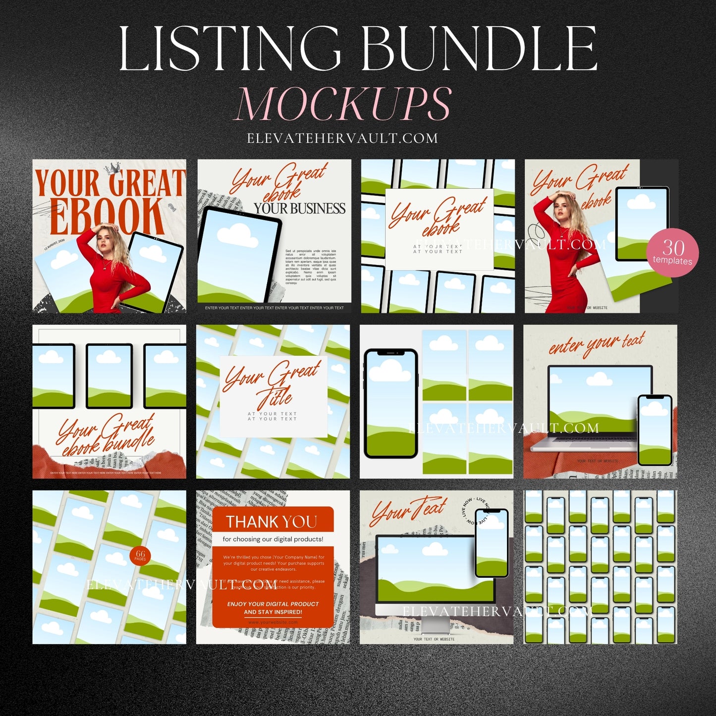 30 editable mockup templates featuring digital product display examples for eBooks and online businesses. elevatehervault.com