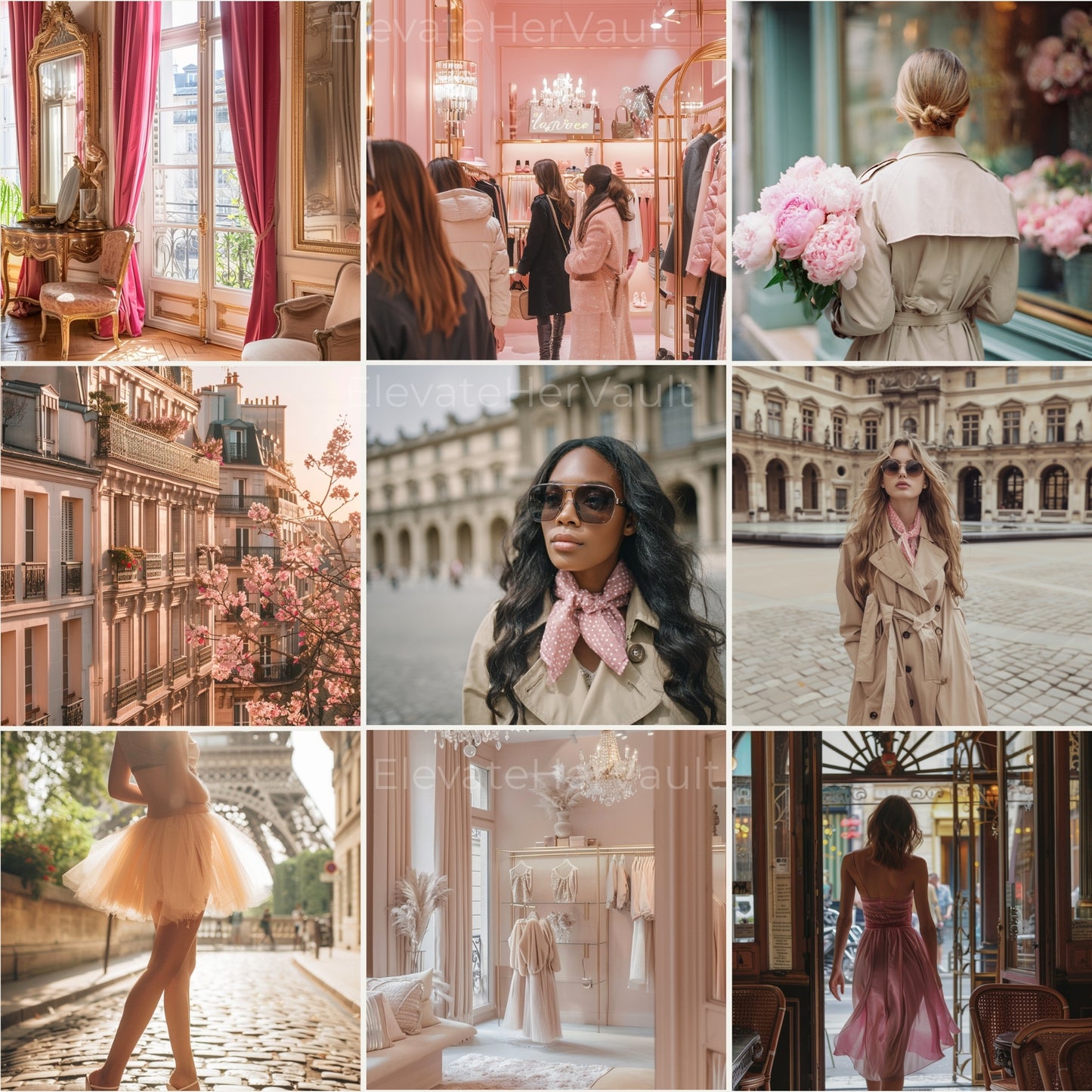 Paris lifestyle collage — cafés, florals, balconies, Eiffel views — www.elevatehervault.com