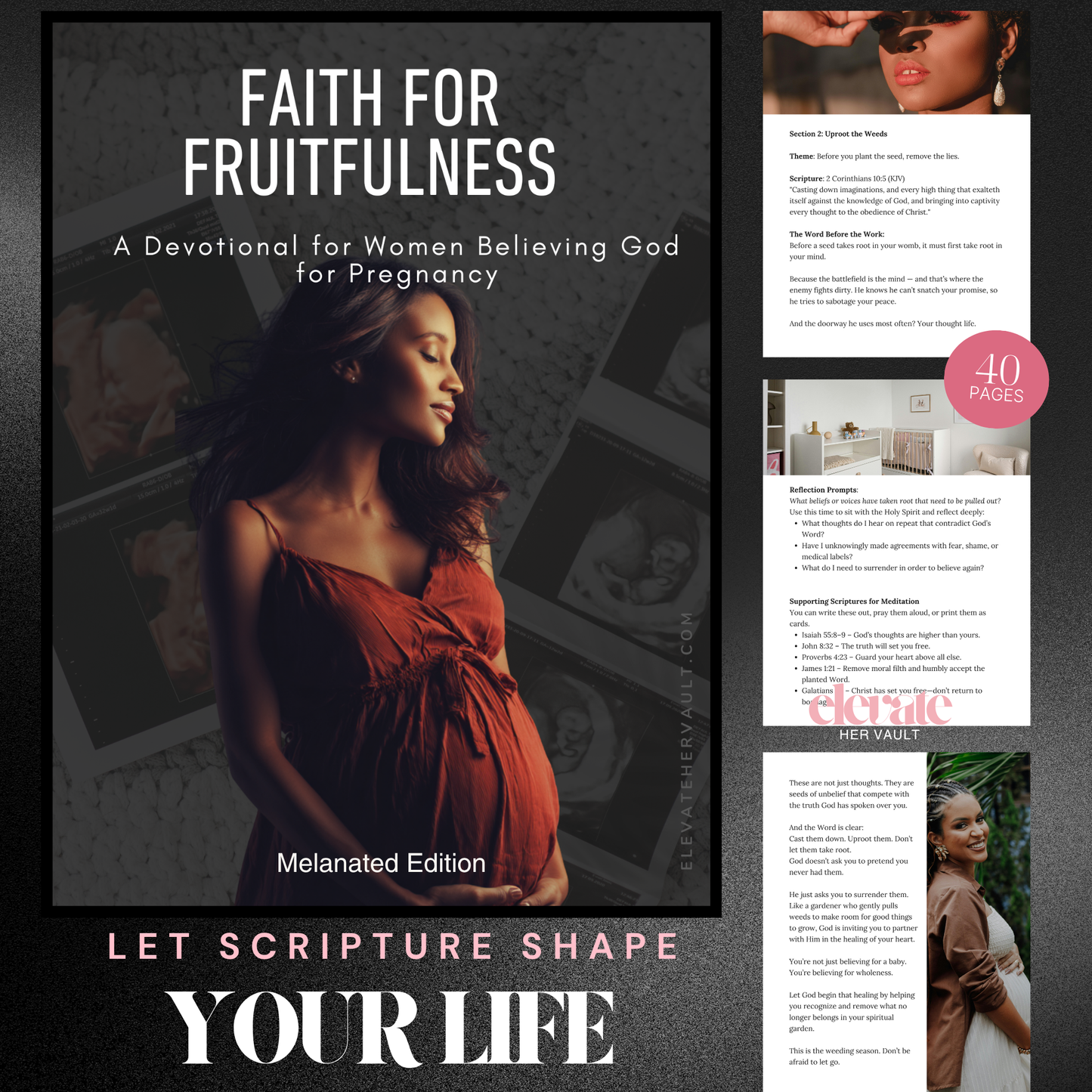 Tablet mockup displaying the Faith for Fruitfulness devotional cover with the headline “Digital Product for Your Faith-Based Business.” elevatehervault.com