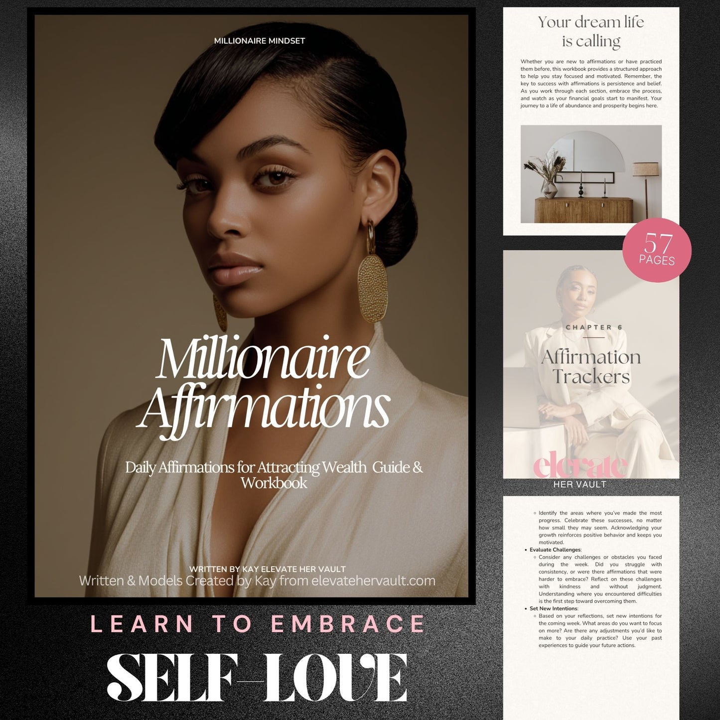 Promotional image for 'Millionaire Affirmations' with a woman's face and text about self-love and wealth.