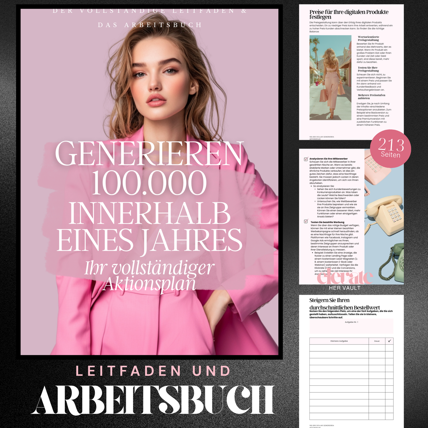 Book cover with a woman in a pink coat and text about generating 100,000 within a year, with additional pages displayed on the right. www.elevatehervault.com