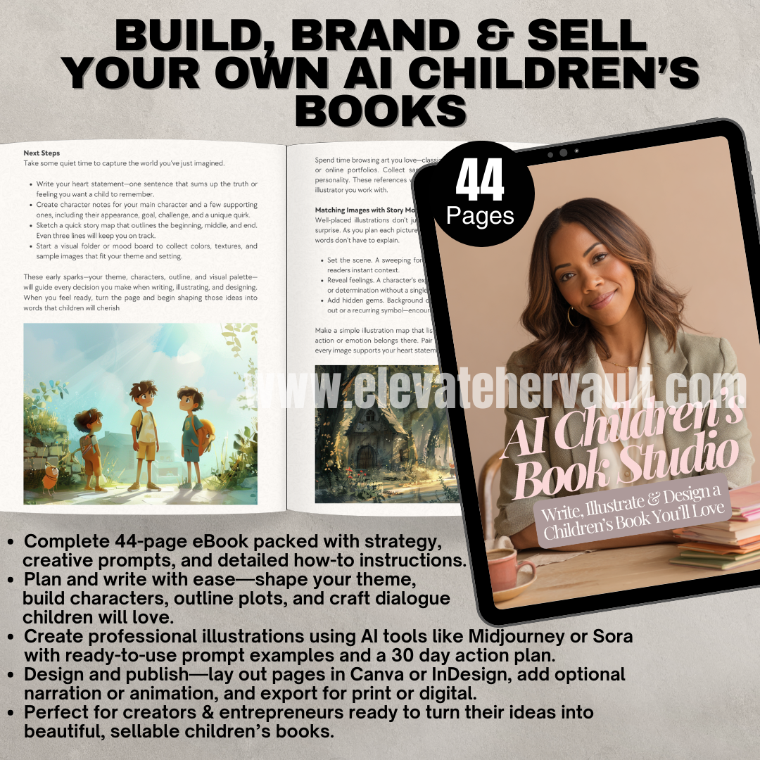 Promotional graphic for AI children's book creation service with text and tablet displaying a book cover. www.elevatehervault.com