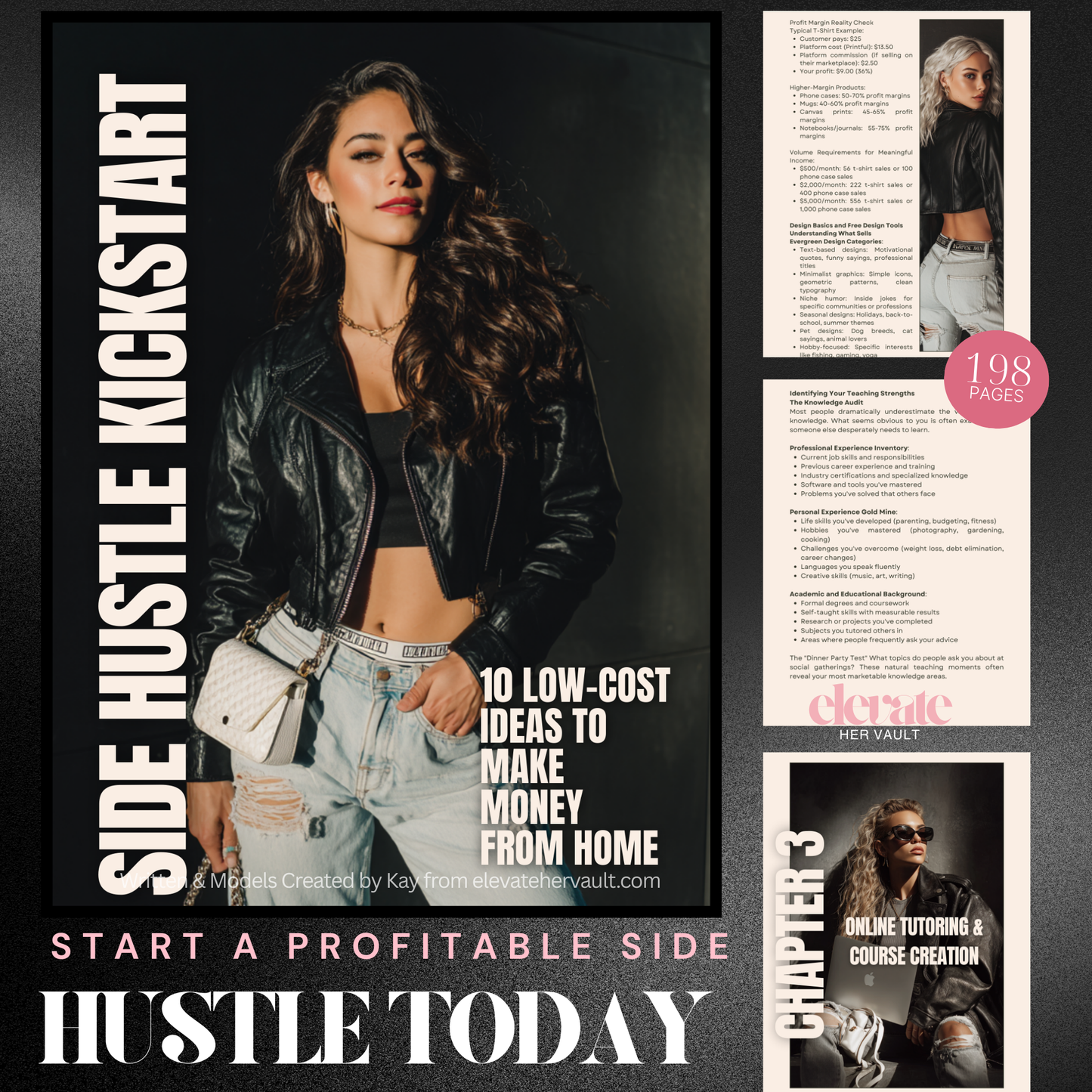 Promotional material for 'Side Hustle Kickstart' with a woman in a black leather jacket and jeans, text about low-cost ideas to make money from home.