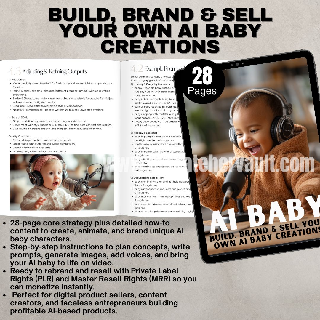 Promotional graphic for building, branding, and selling AI baby creations with text and images of a child wearing headphones.