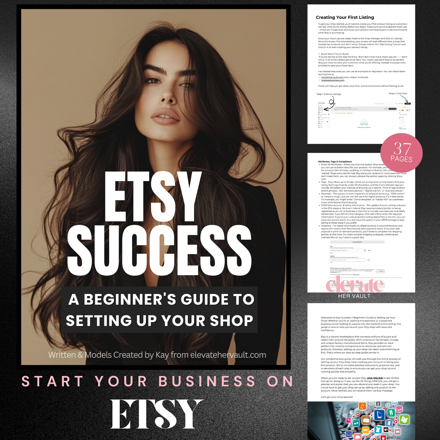 Main Brown Cover (Etsy Success): “Etsy Success beginner’s eBook cover showing a step-by-step Etsy shop setup guide.”