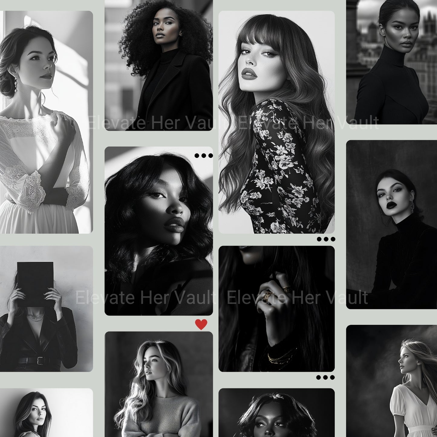 Editorial collage of B&W portraits with soft studio lighting — www.elevatehervault.com