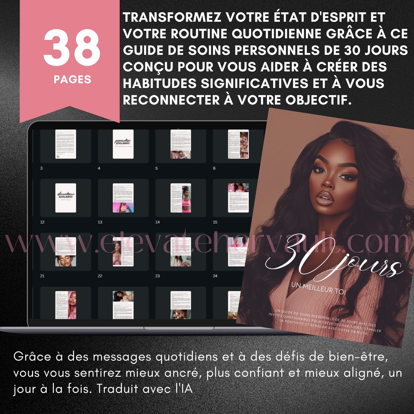 French digital download, Canva mindset ebook, self-care planner PLR, French-language mental health resource, rebrandable content for women, editable workbook in French, PLR gratitude challenge, 30-day inner peace journal, female-focused French ebook, www.elevatehervault.com