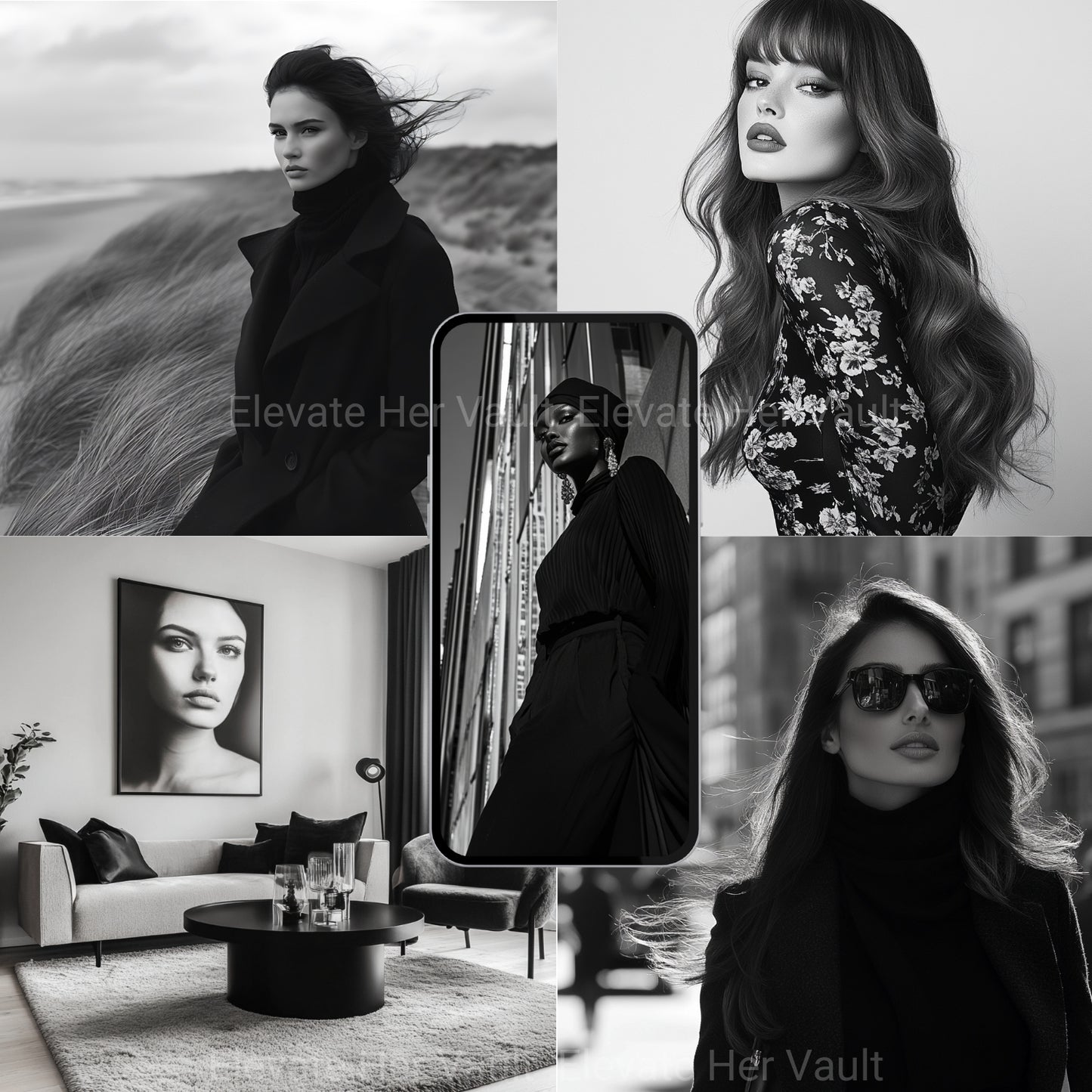 Collage of a woman in various settings with 'Her Vault' branding. “Lifestyle and fashion montage with phone and wall art mockups — www.elevatehervault.com”